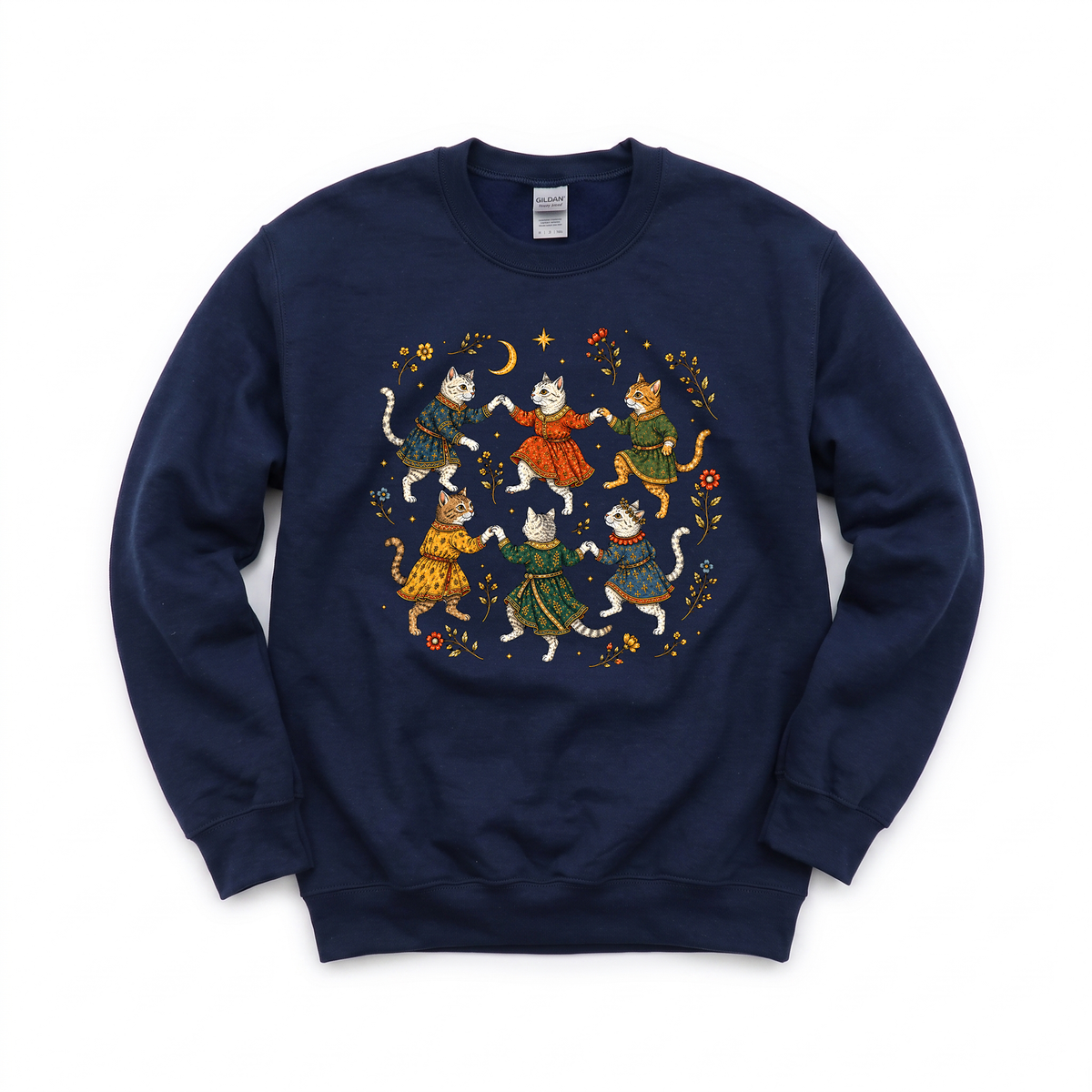 Dancing Medieval Cats graphic on Gildan 18000 in Navy