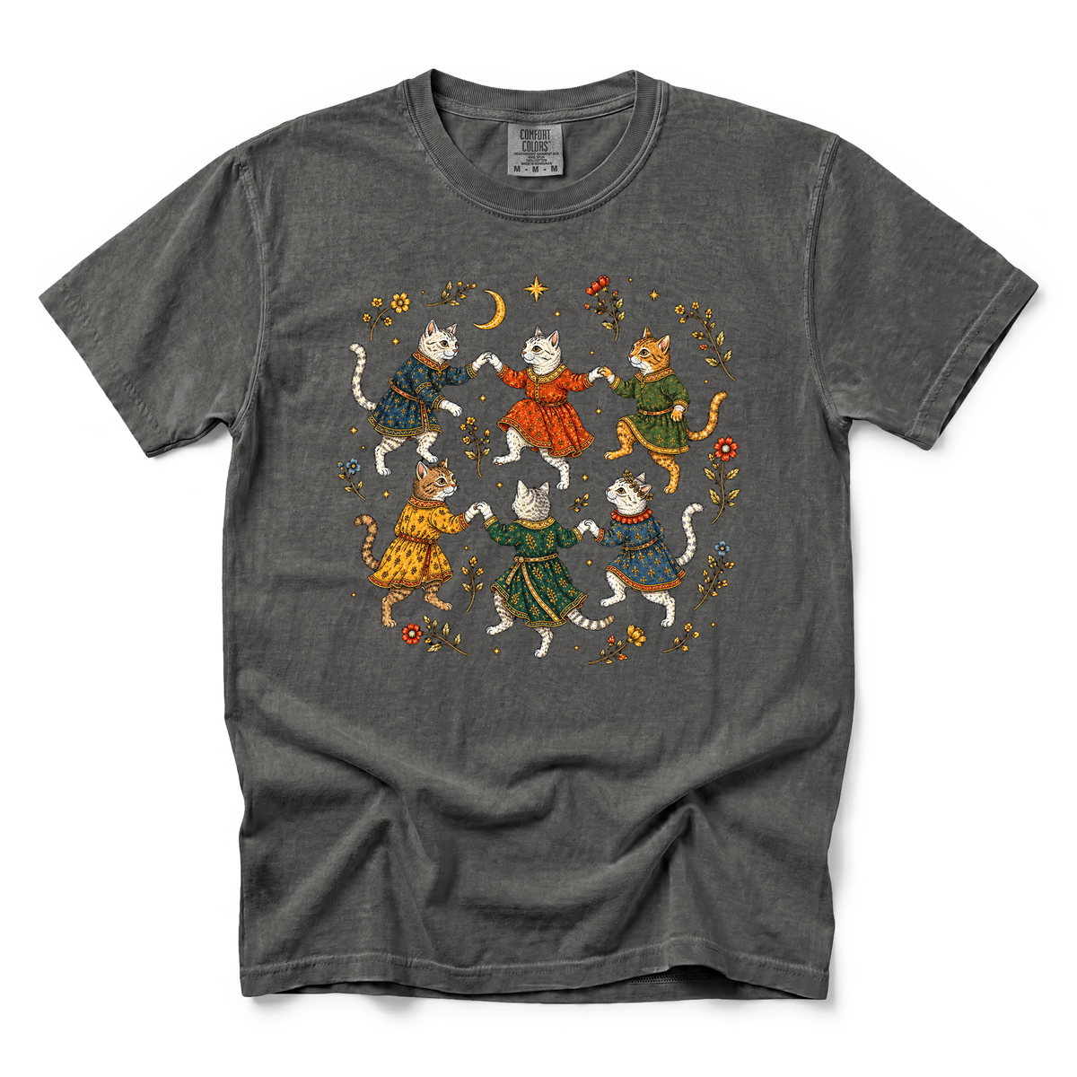 Dancing Medieval Cats graphic on Comfort Colors 1717 in Pepper