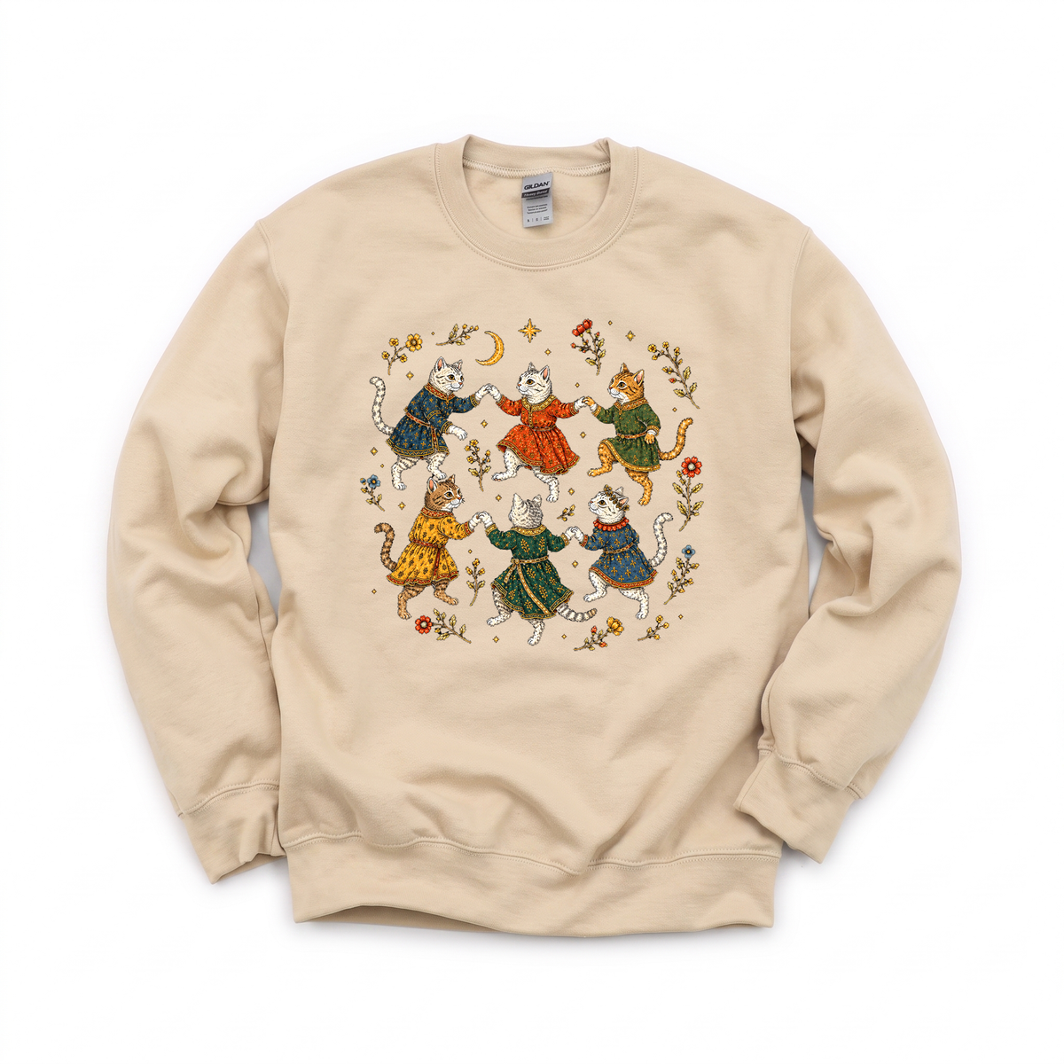 Dancing Medieval Cats graphic on Gildan 18000 in Sand
