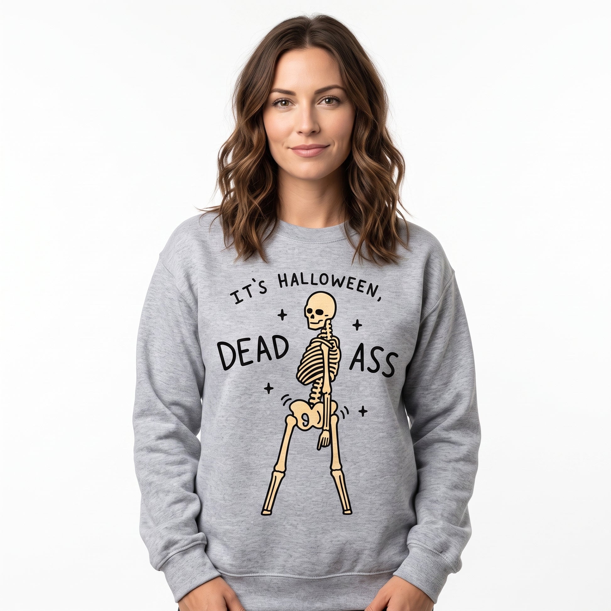 Model wearing the Dancing Skeleton sweatshirt in Sport Grey, cover image 1