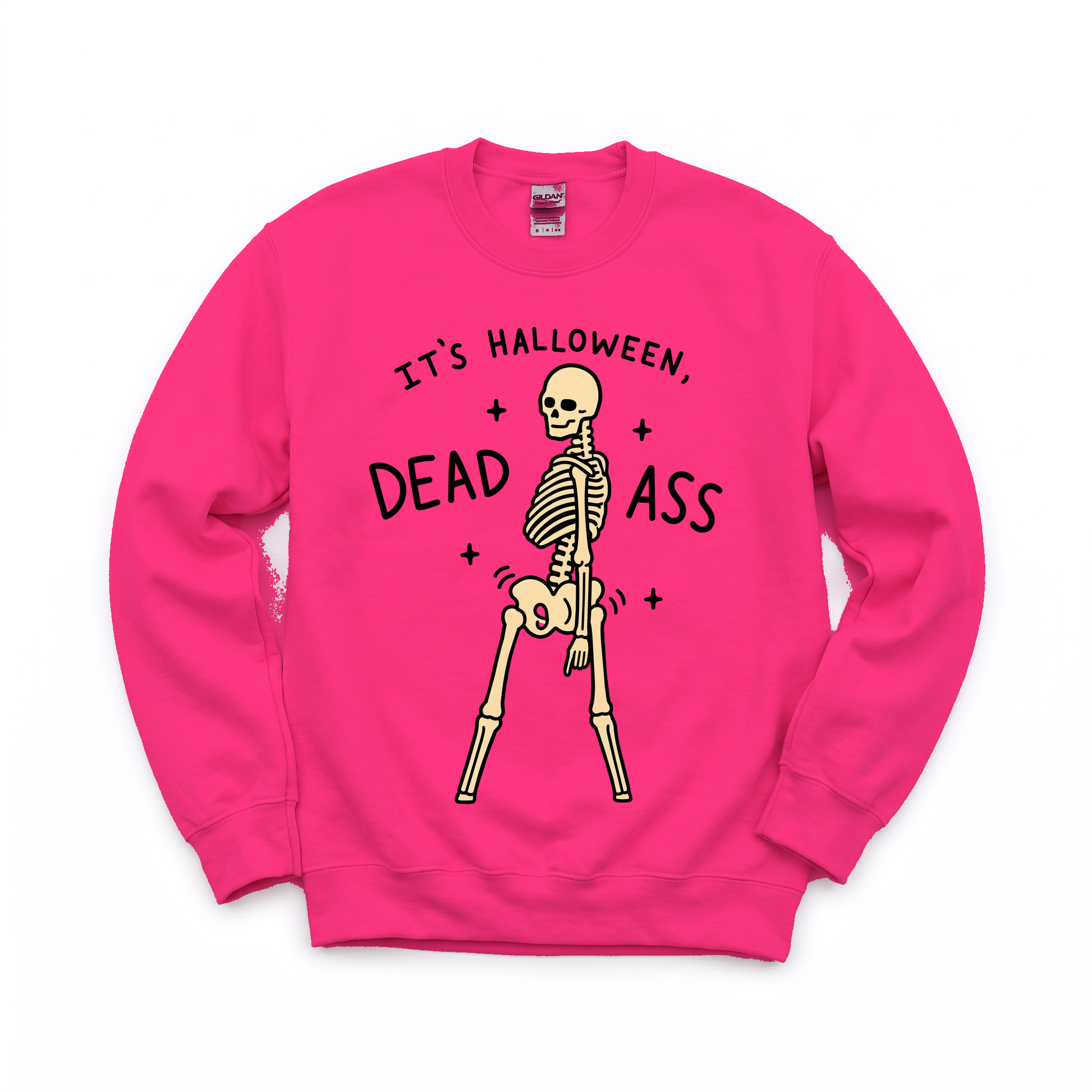 Dancing Skeleton graphic on Gildan 18000 in Heliconia