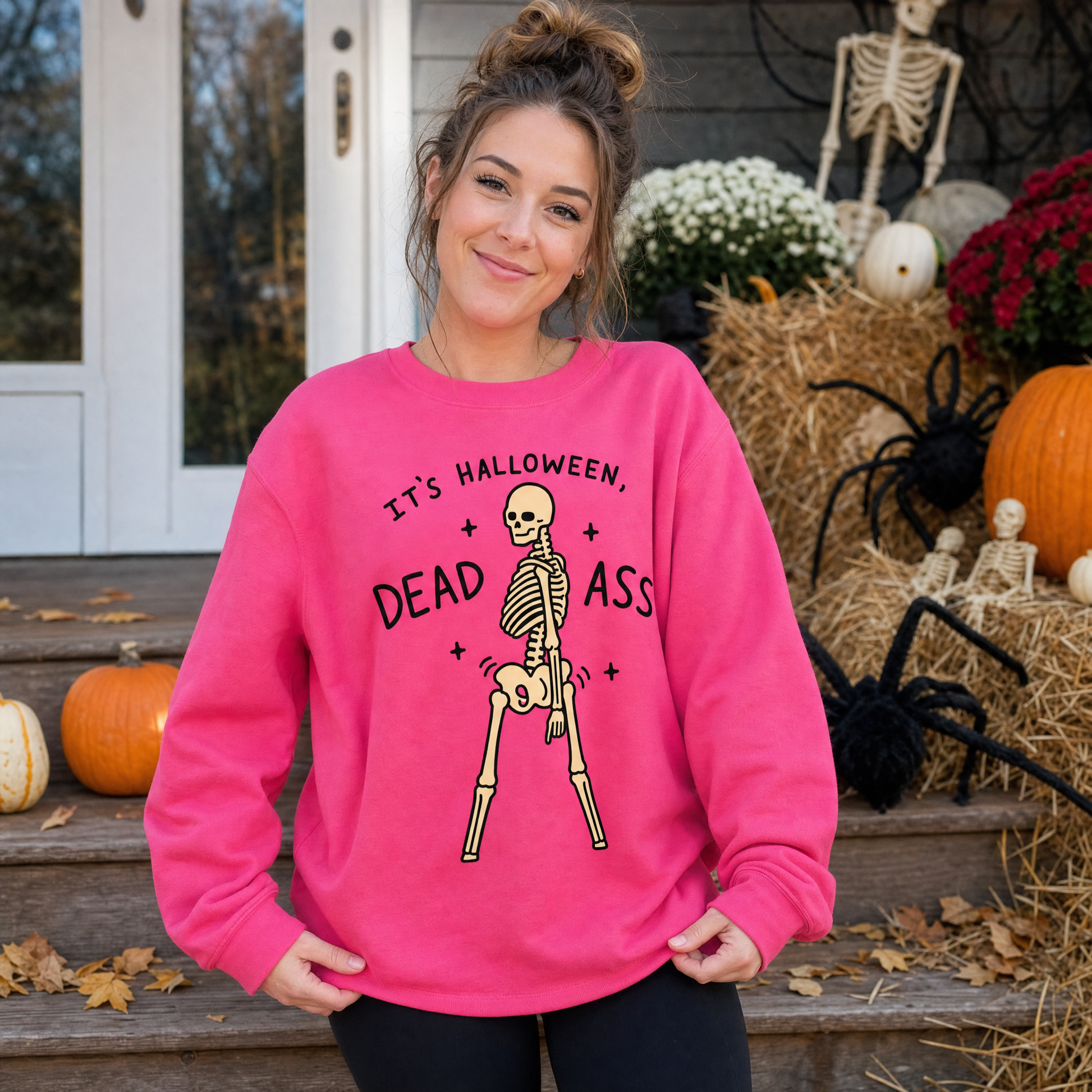 Model wearing the Dancing Skeleton sweatshirt in Heliconia
