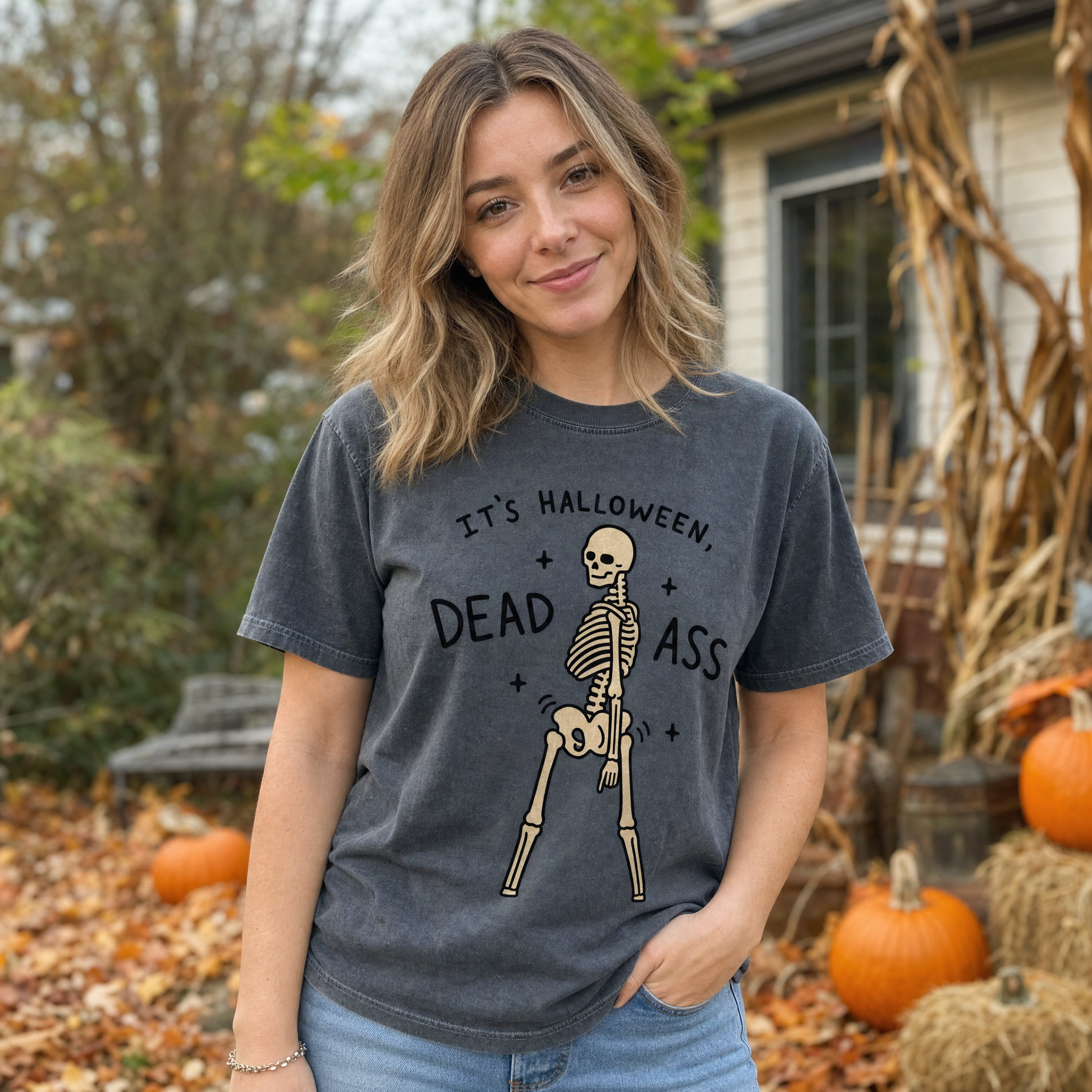 Model wearing the Dancing Skeleton comfort colors tee in Pepper