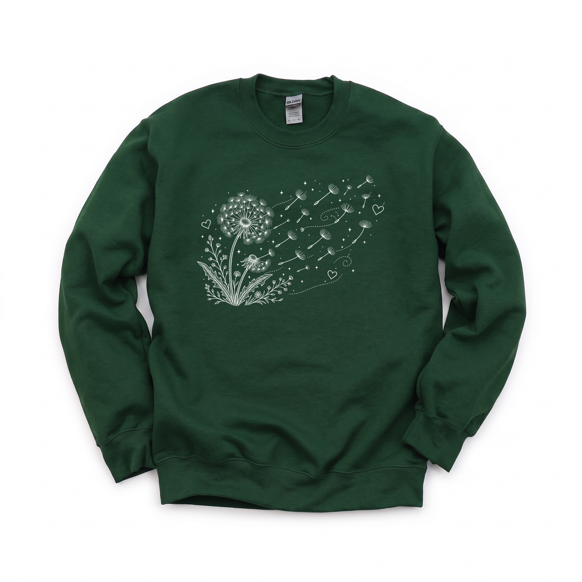 Dandelion Blowing in the Wind graphic on Gildan 18000 in Forest Green