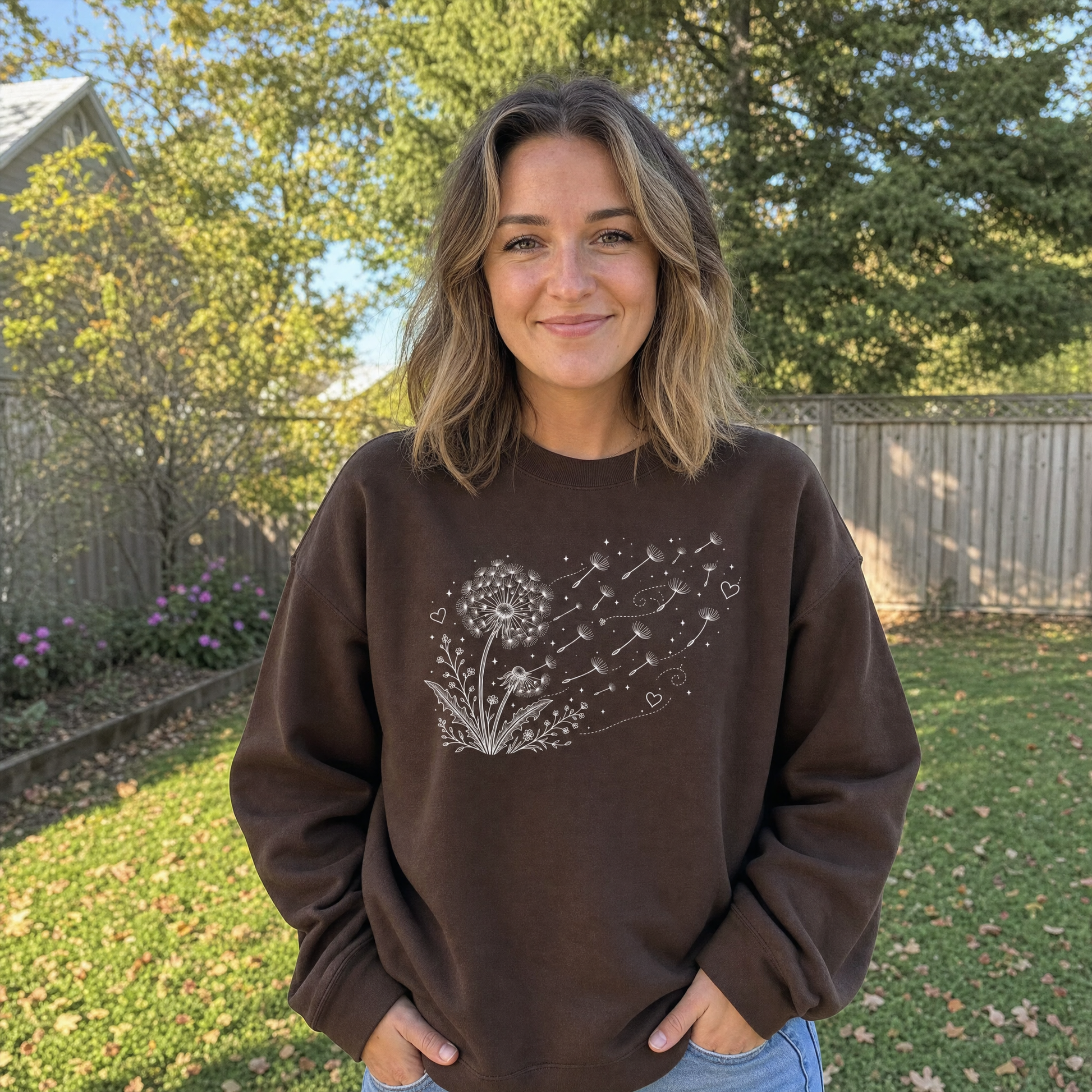 Model wearing the Dandelion Blowing in the Wind sweatshirt in Dark Chocolate