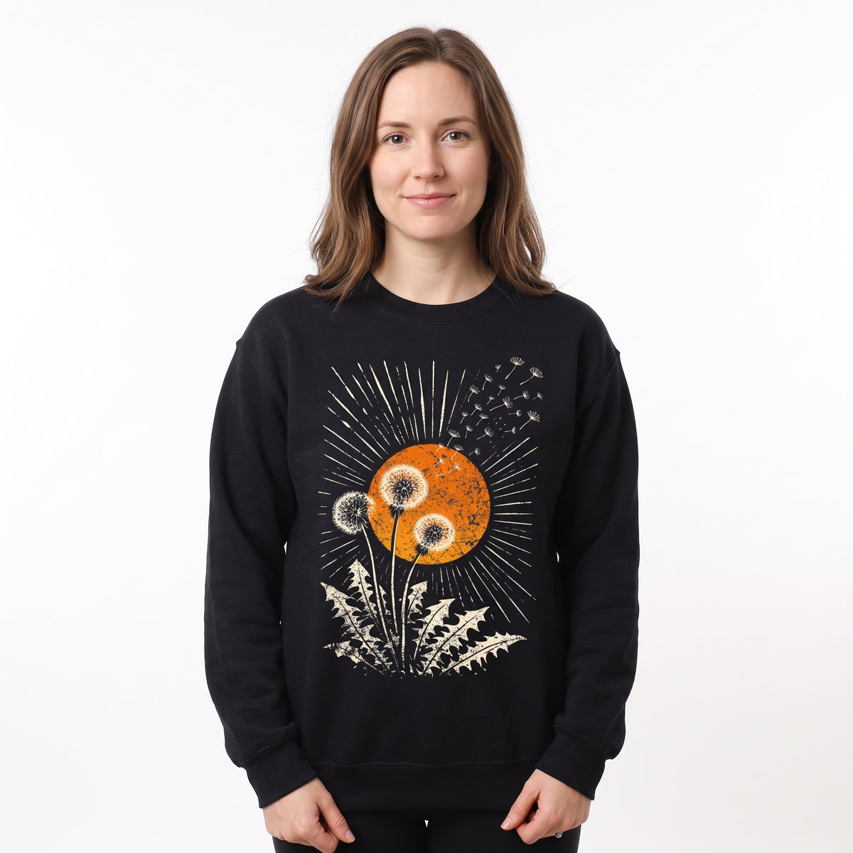 Model wearing the Dandelion Seeds sweatshirt in Black, cover image 1