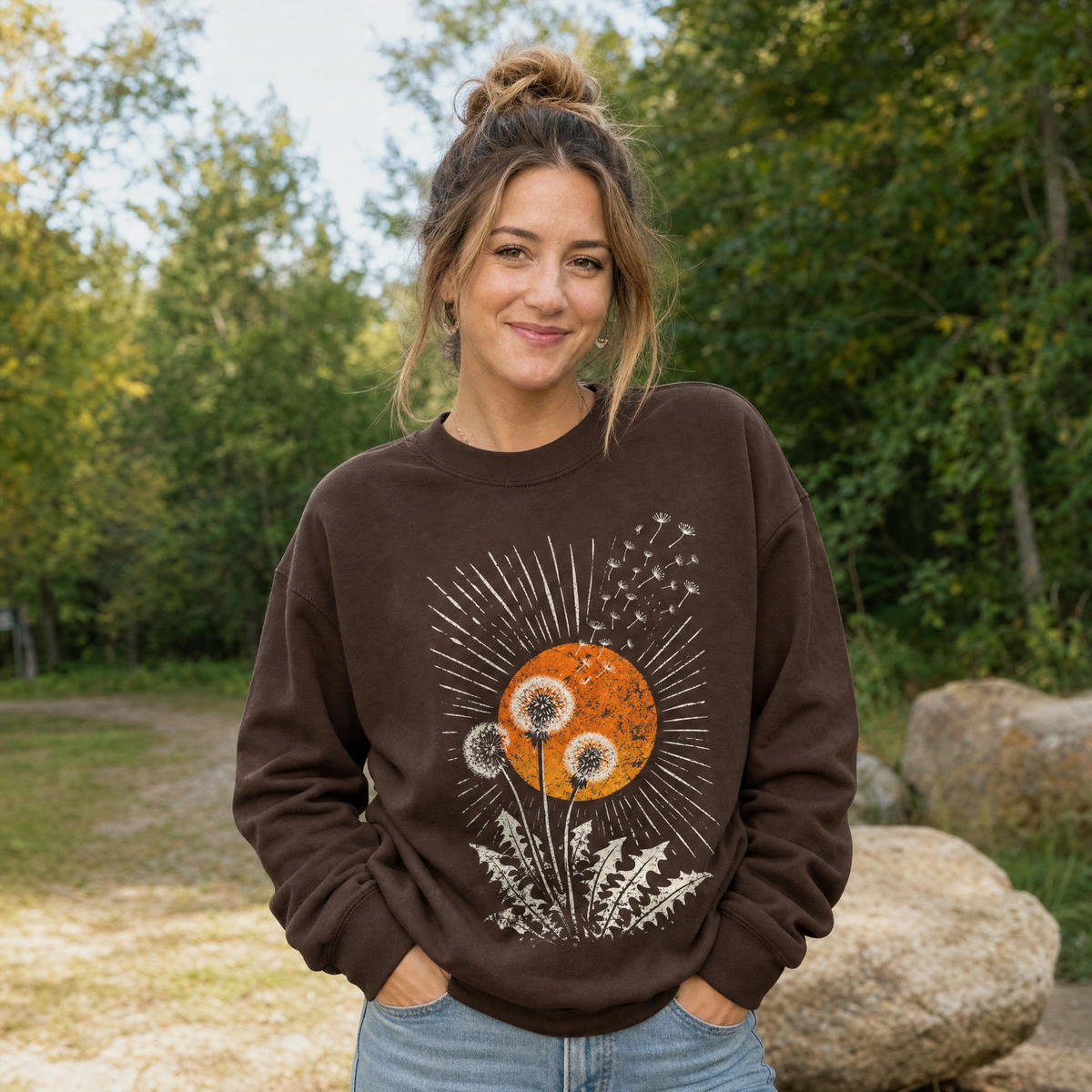 Model wearing the Dandelion Seeds sweatshirt in Dark Chocolate