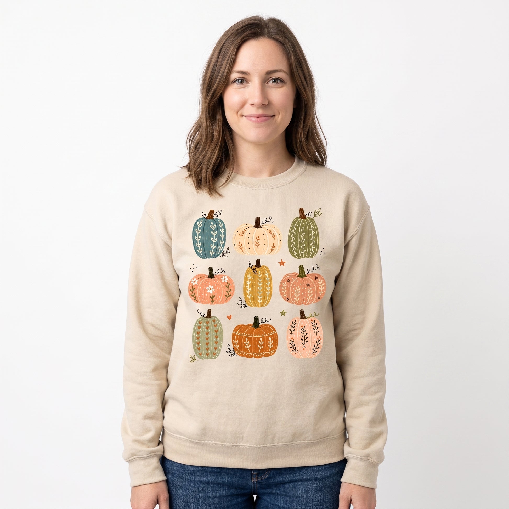 Model wearing the Decorative Pumpkins sweatshirt in Sand, cover image 1