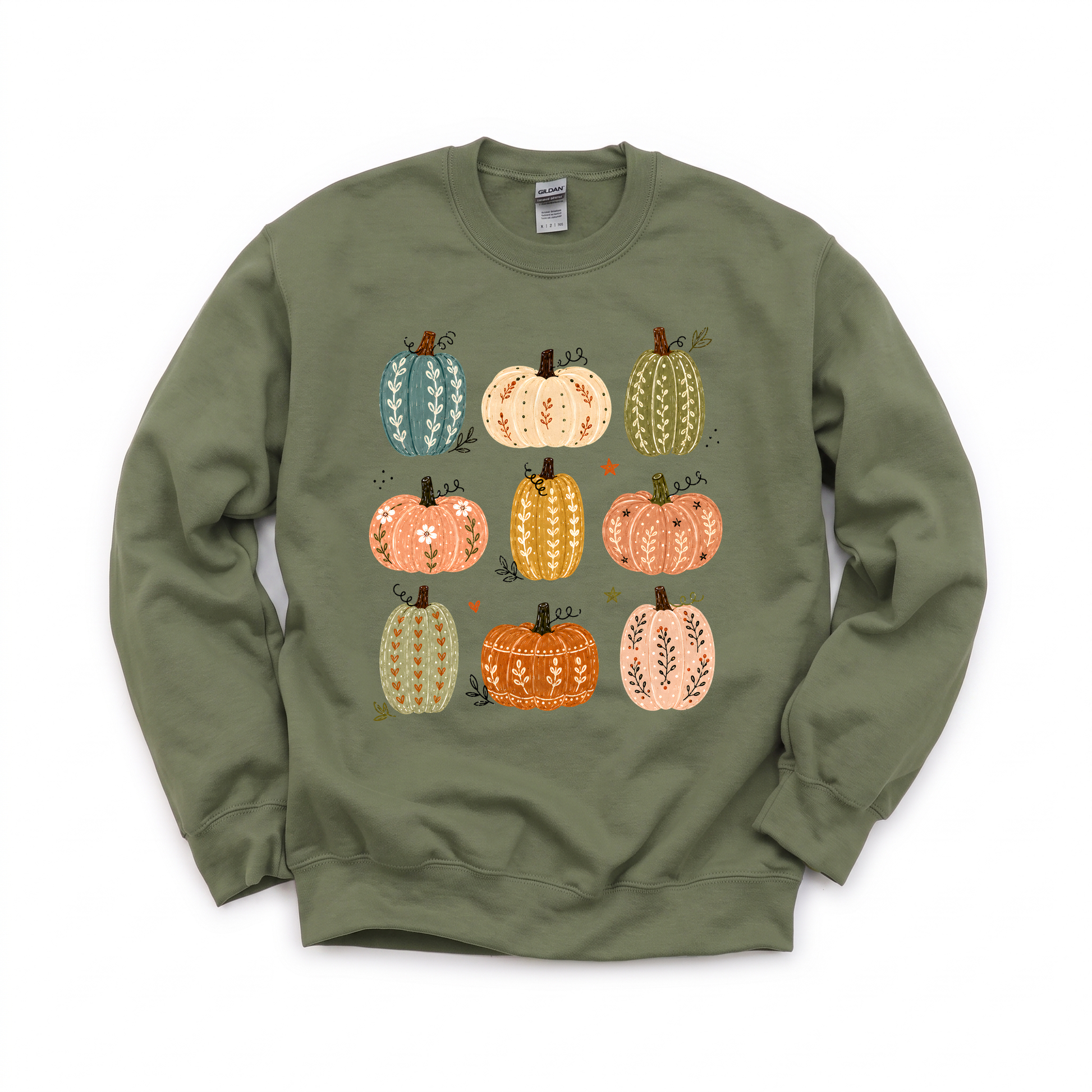 Decorative Pumpkins graphic on Gildan 18000 in Military Green