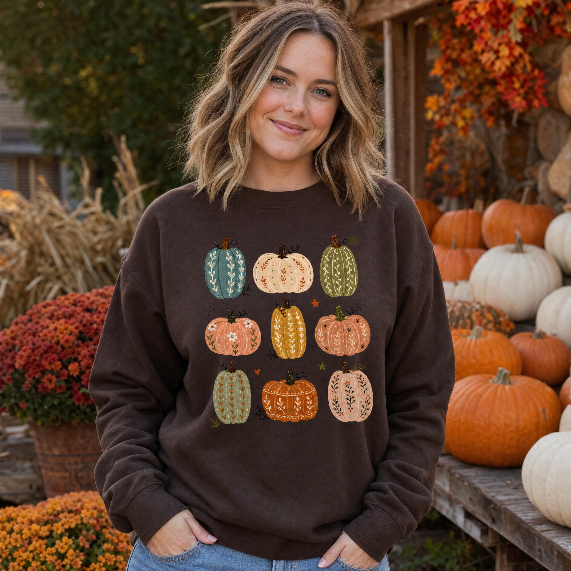 Model wearing the Decorative Pumpkins sweatshirt in Dark Chocolate