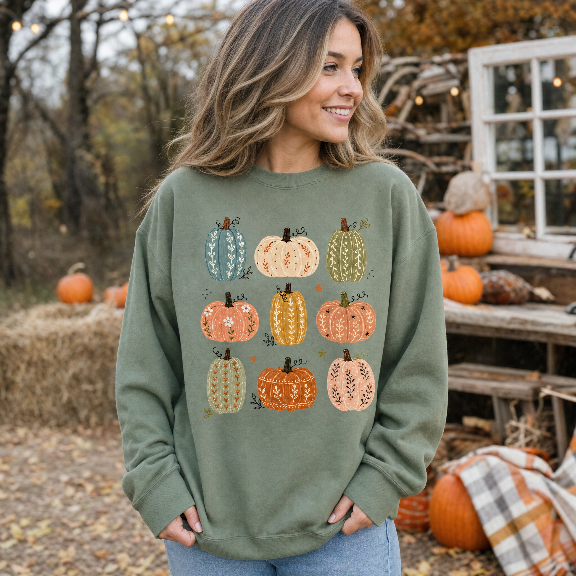 Model wearing the Decorative Pumpkins sweatshirt in Military Green