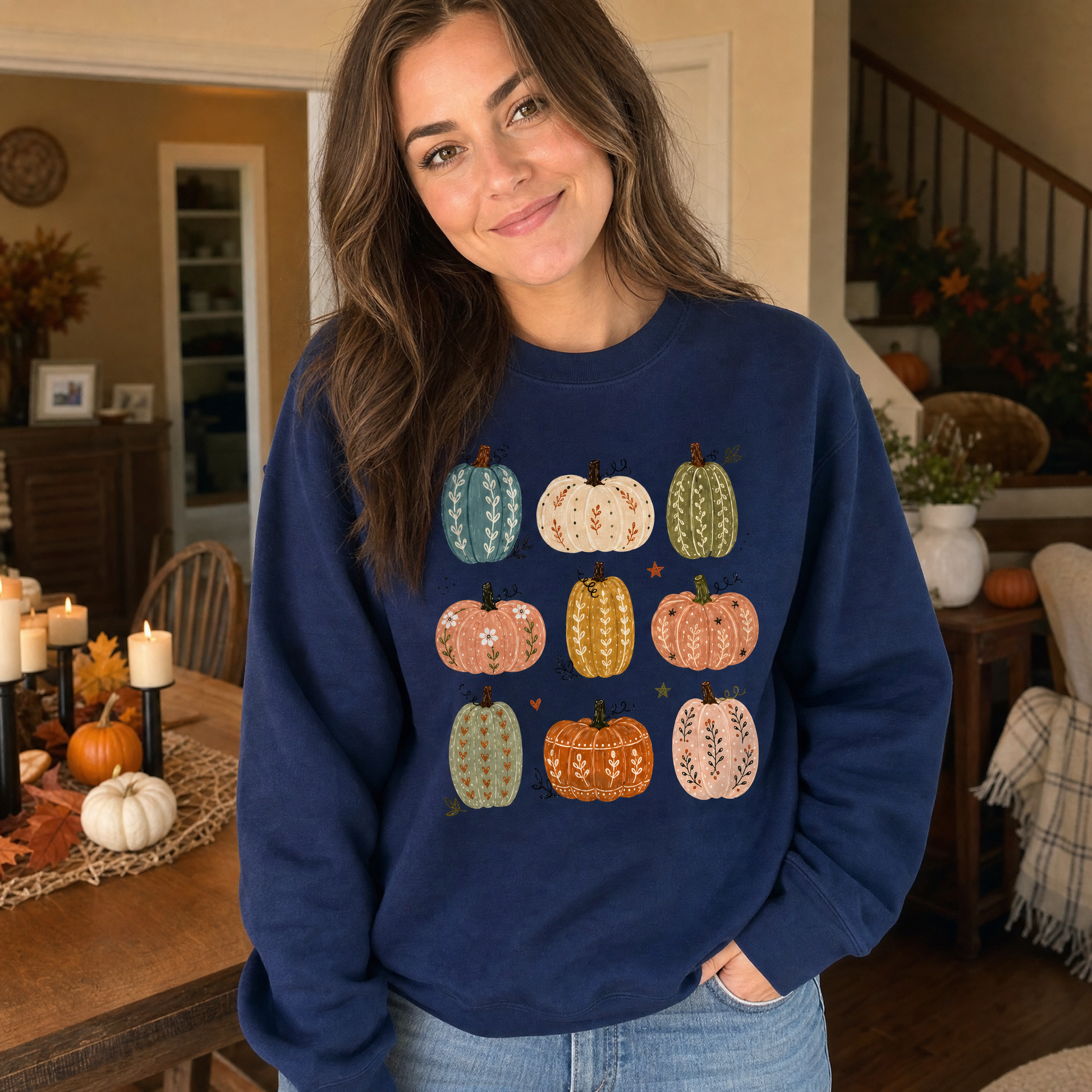 Model wearing the Decorative Pumpkins sweatshirt in Navy