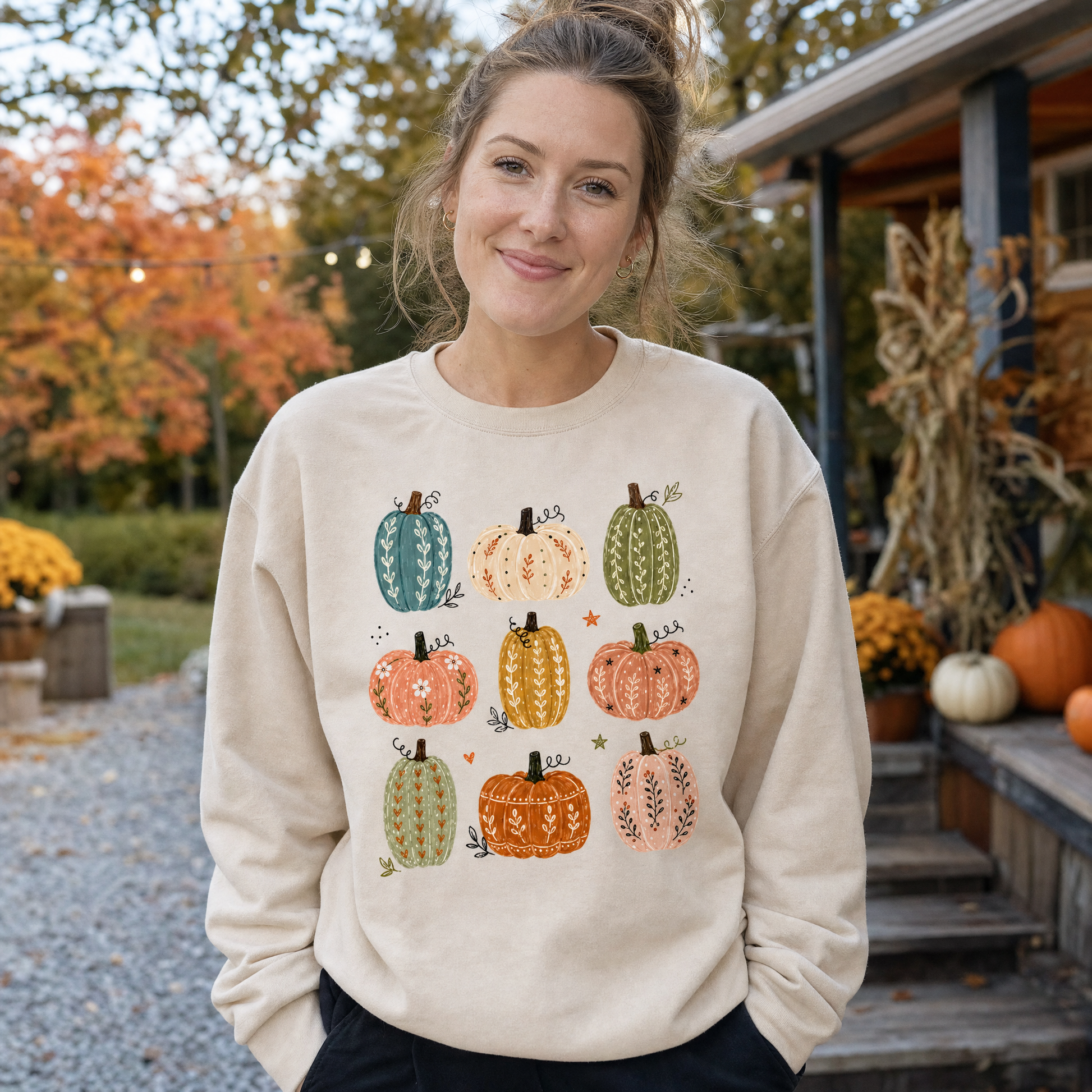 Model wearing the Decorative Pumpkins sweatshirt in Sand, lifestyle image 1