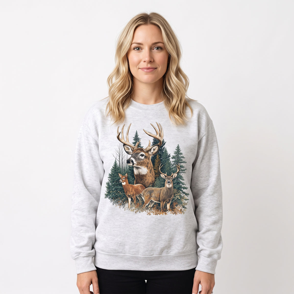 Model wearing the Deer Family sweatshirt in Ash, cover image 1