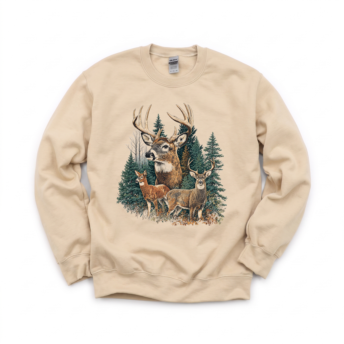Deer Family graphic on Gildan 18000 in Sand
