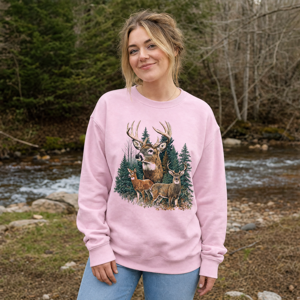 Model wearing the Deer Family sweatshirt in Light Pink