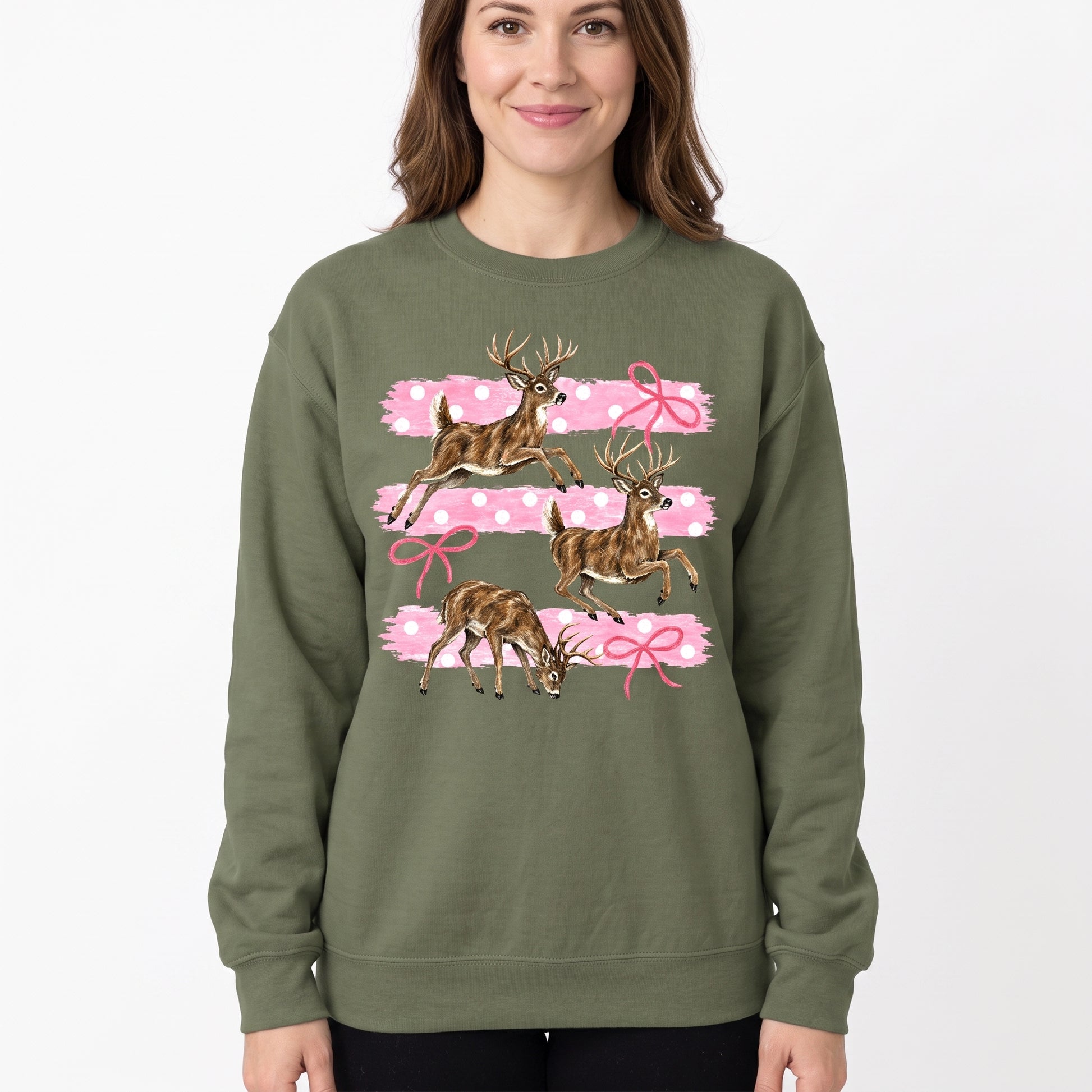 Model wearing the Deer sweatshirt in Military Green, cover image 1