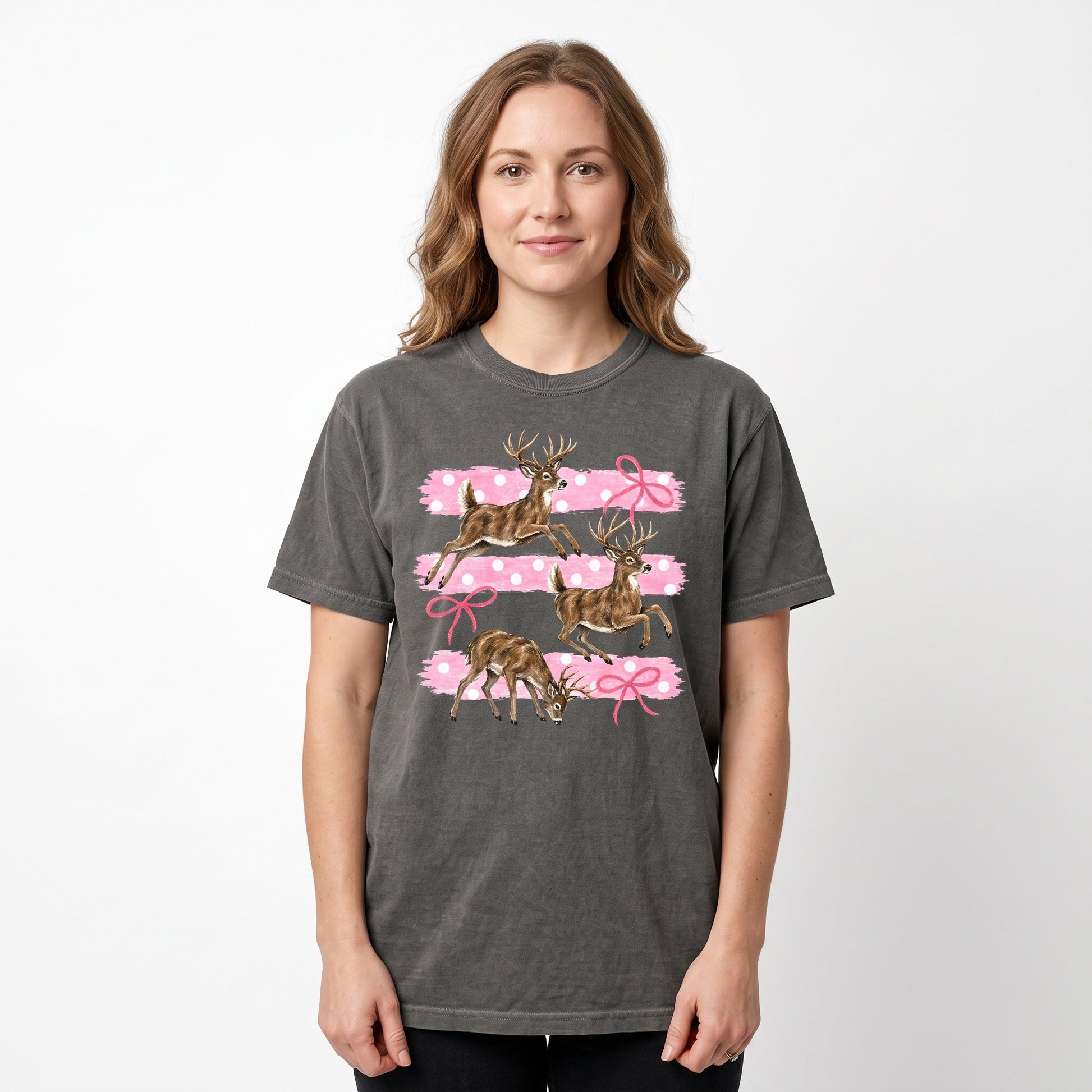 Model wearing the Deer comfort colors tee in Pepper, cover image 1