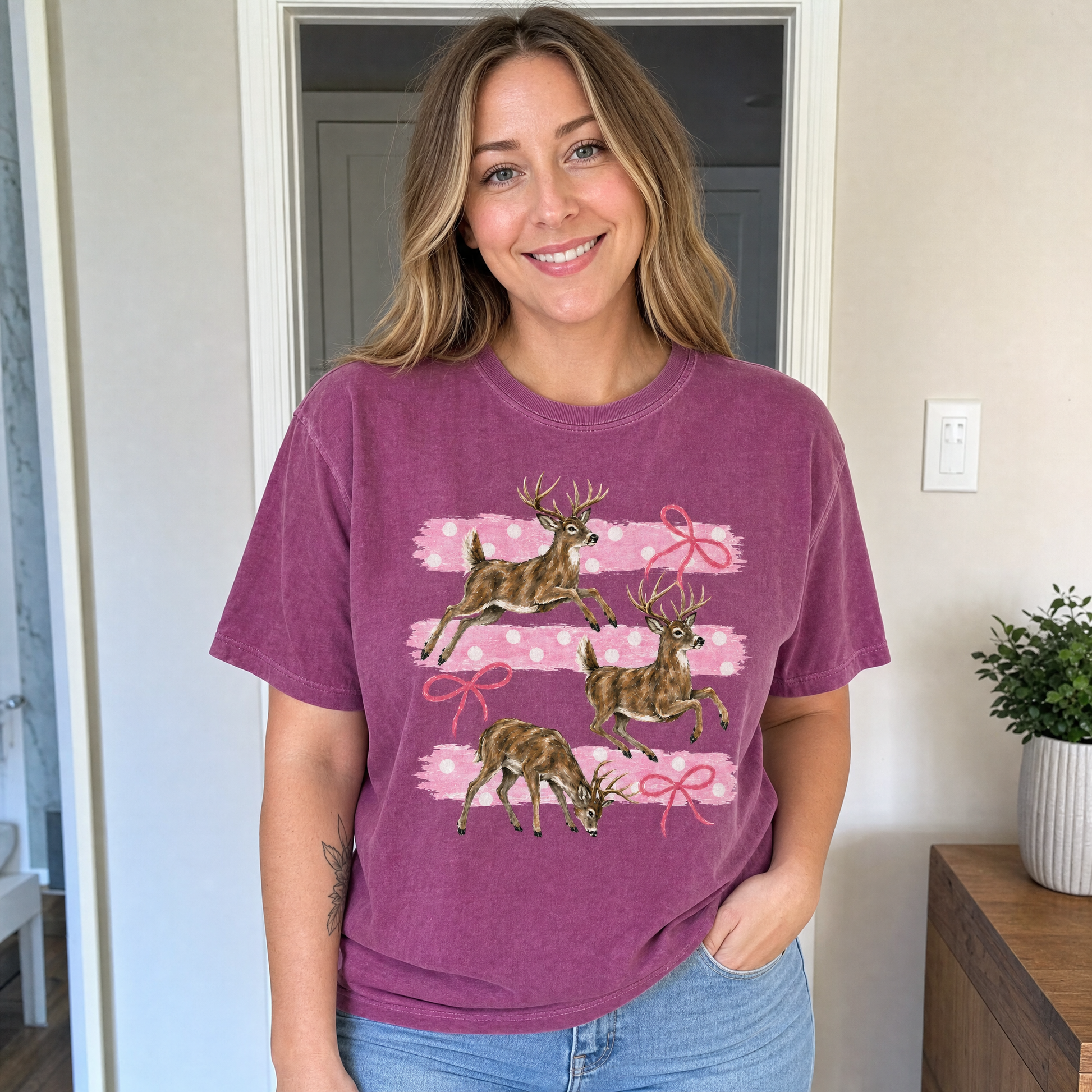 Model wearing the Deer comfort colors tee in Berry