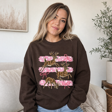 Model wearing the Deer sweatshirt in Dark Chocolate