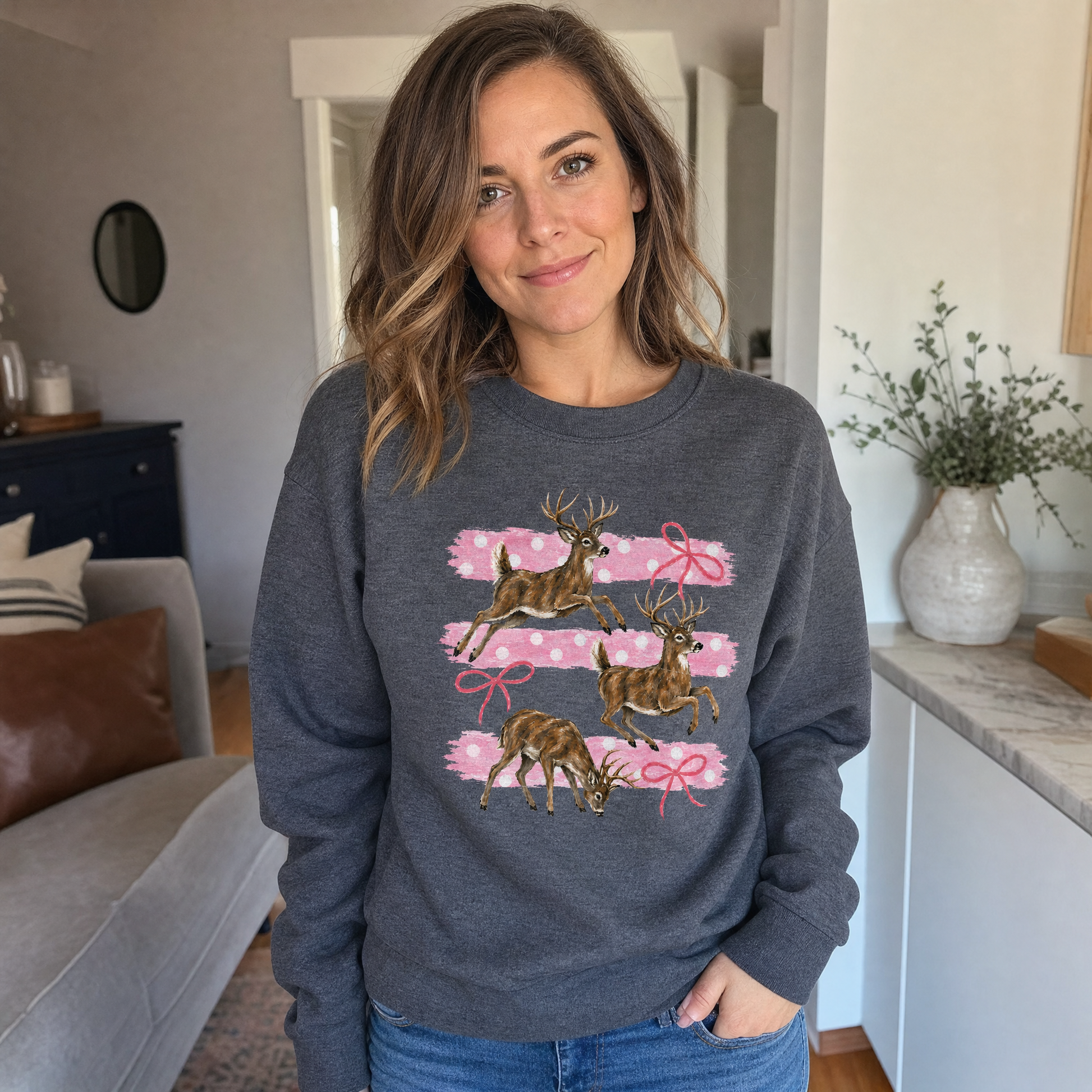 Model wearing the Deer sweatshirt in Dark Heather