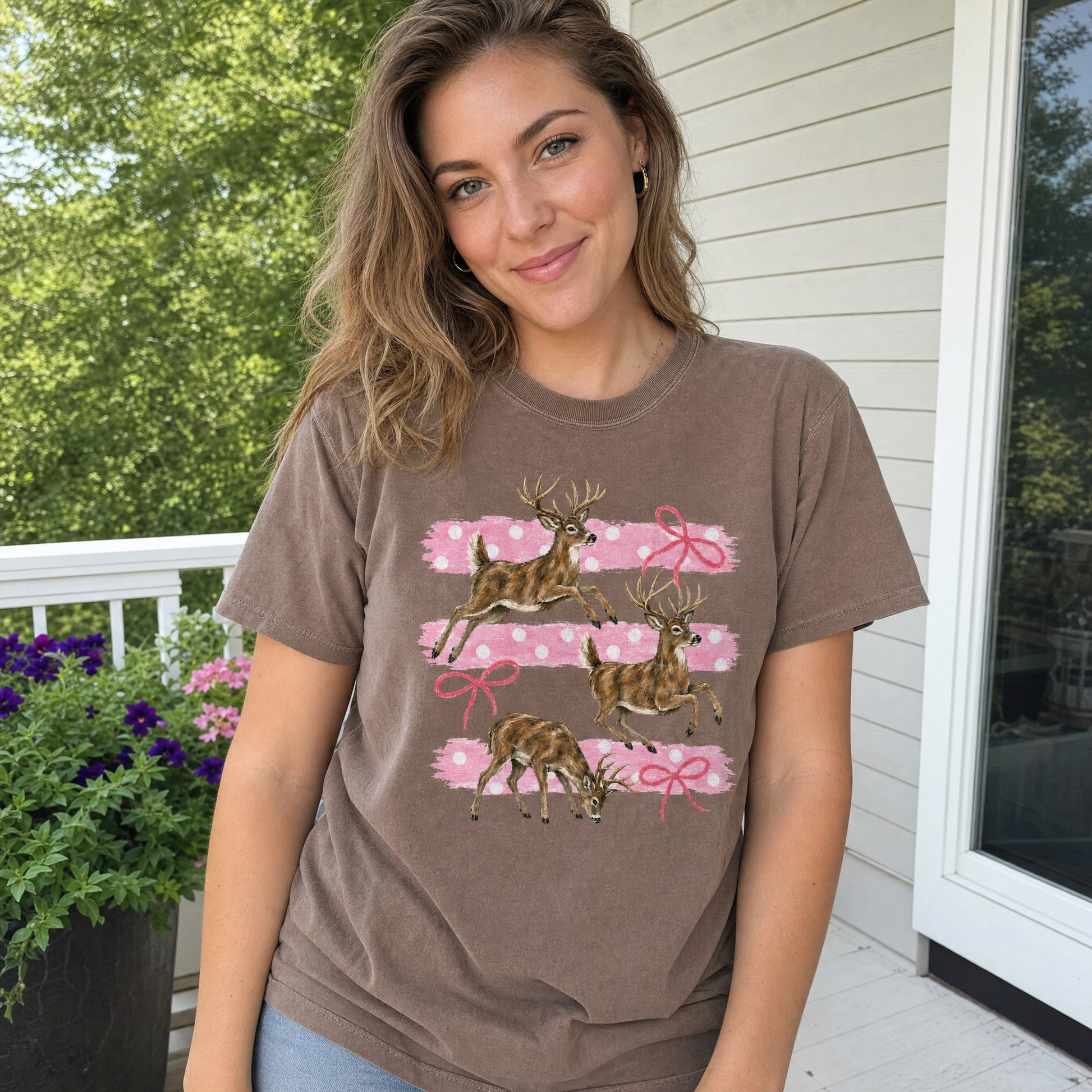 Model wearing the Deer comfort colors tee in Espresso
