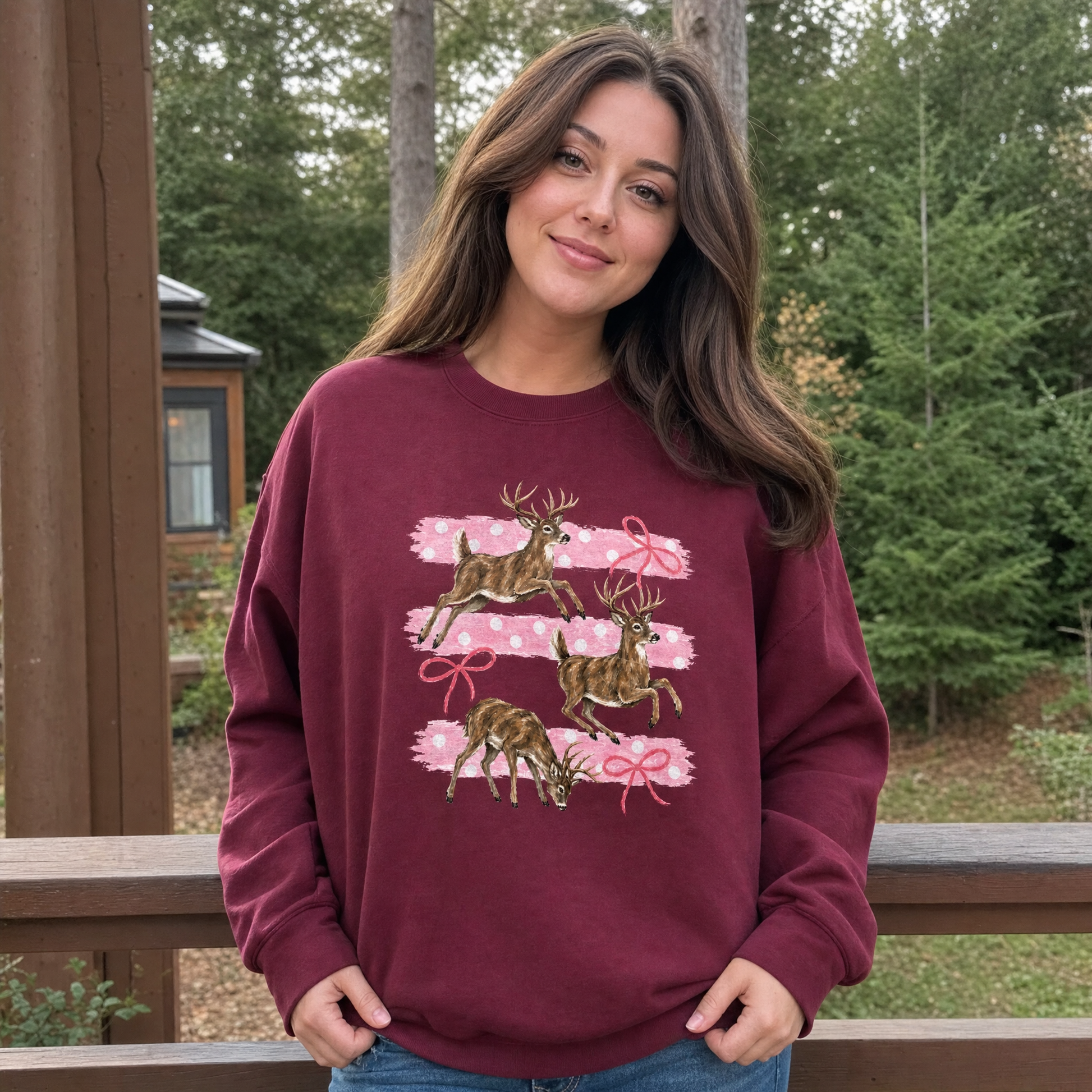Model wearing the Deer sweatshirt in Maroon