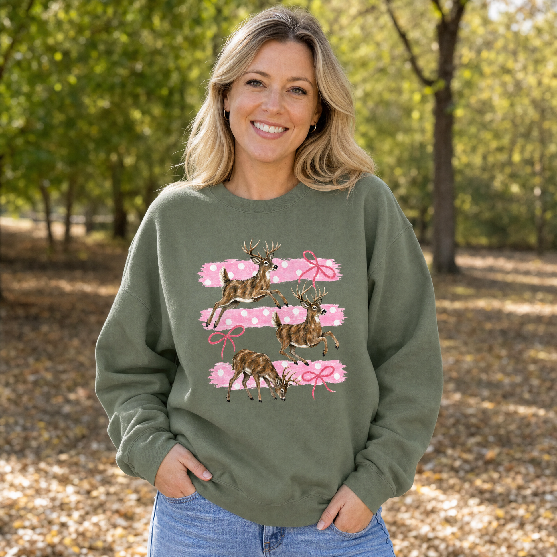 Model wearing the Deer sweatshirt in Military Green, lifestyle image 1
