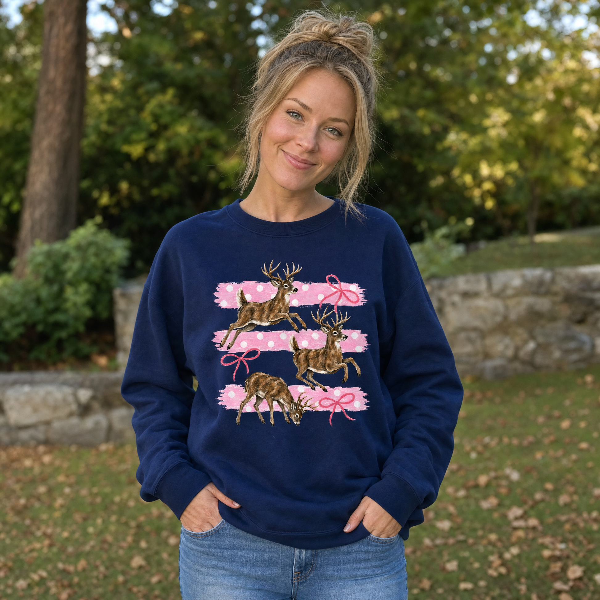 Model wearing the Deer sweatshirt in Navy