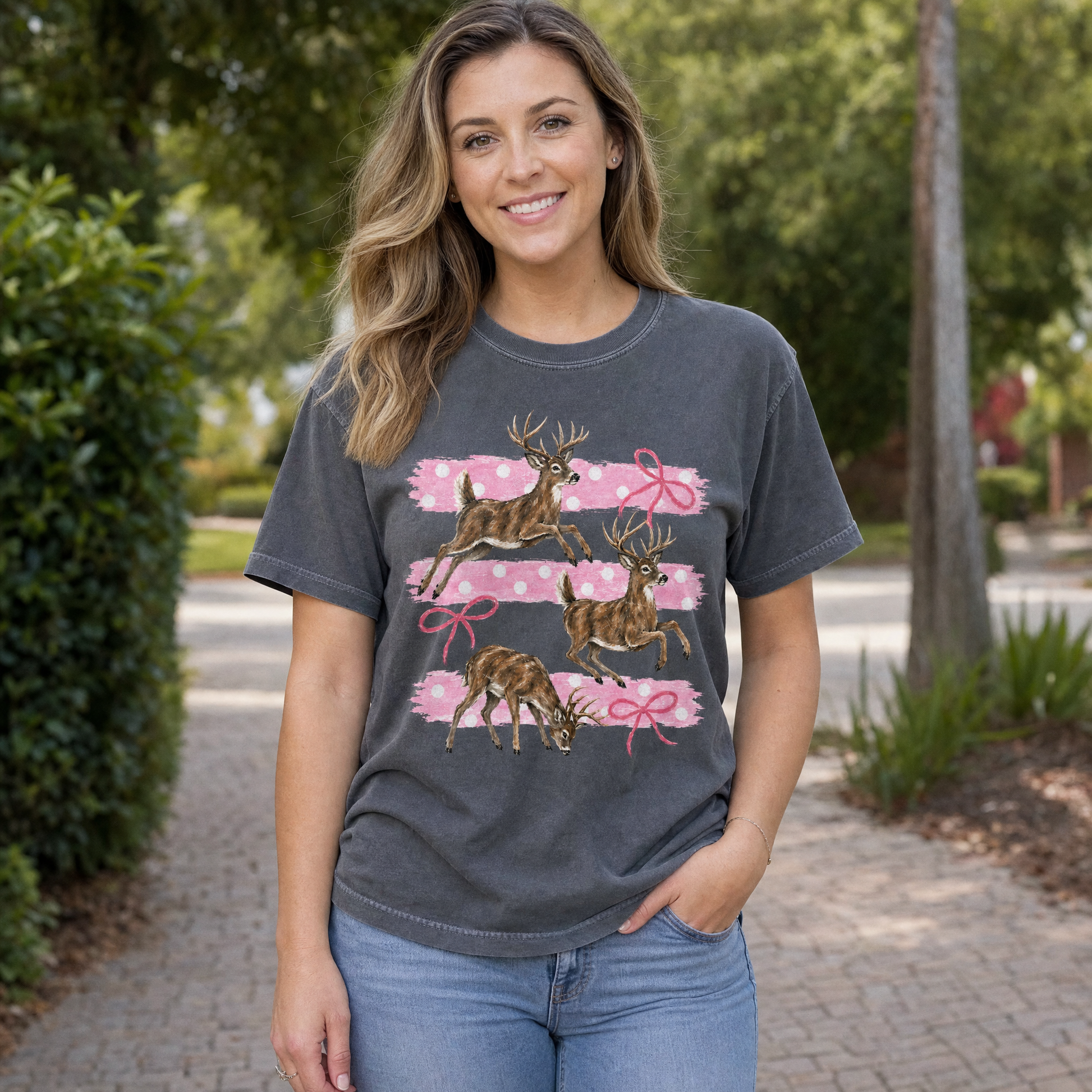 Model wearing the Deer comfort colors tee in Pepper, lifestyle image 1