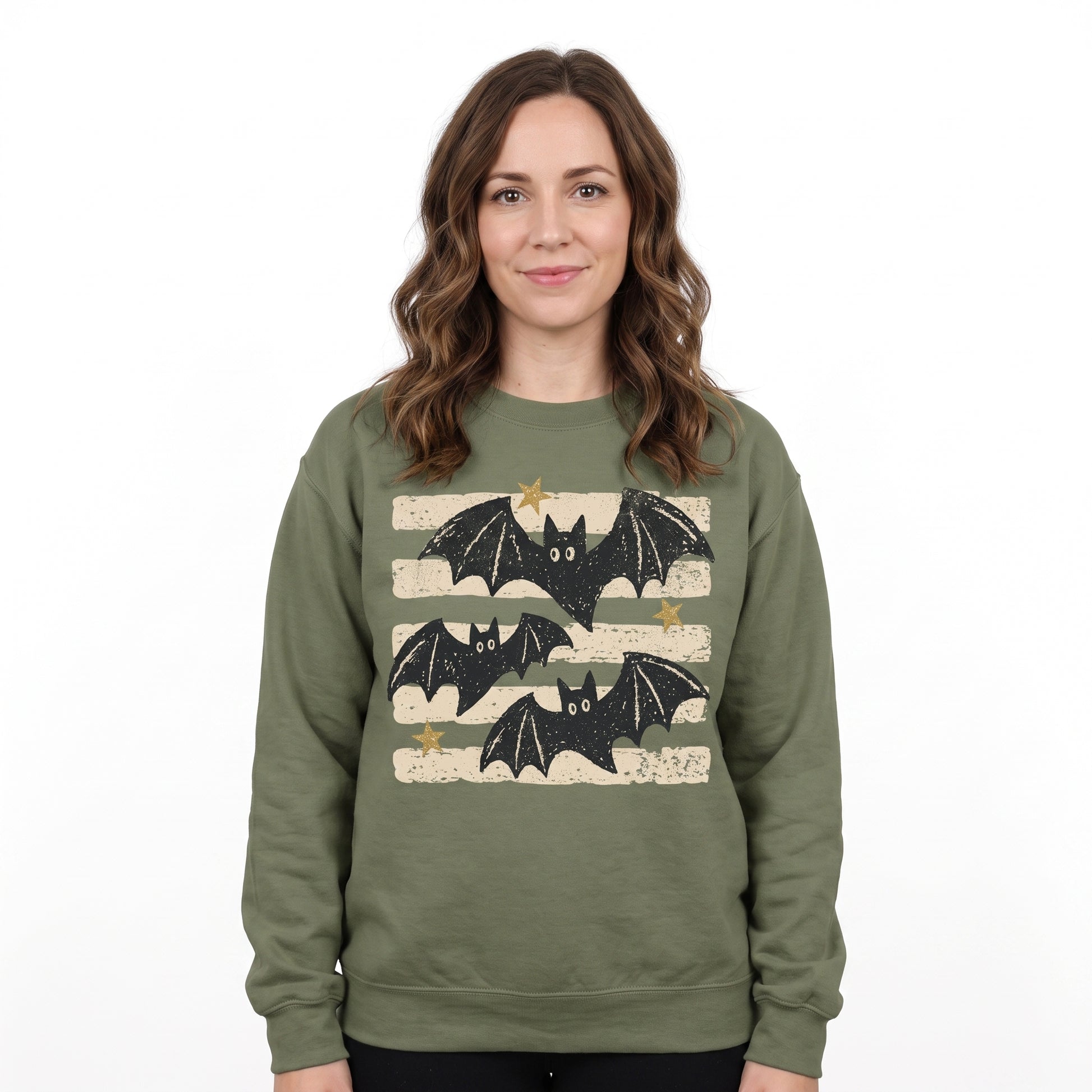 Model wearing the Distressed Bats sweatshirt in Military Green