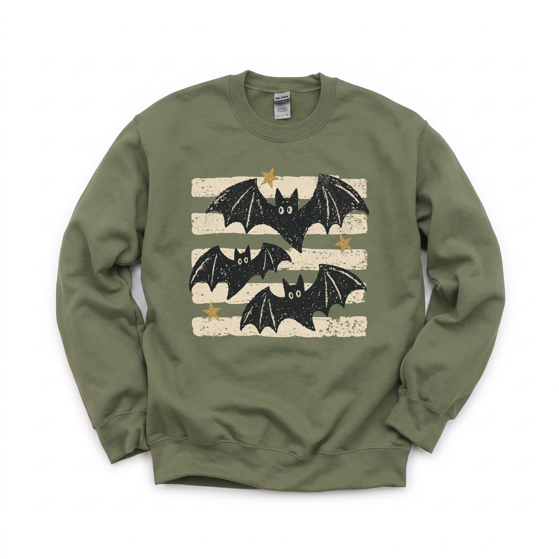 Distressed Bats graphic on Gildan 18000 in Military Green