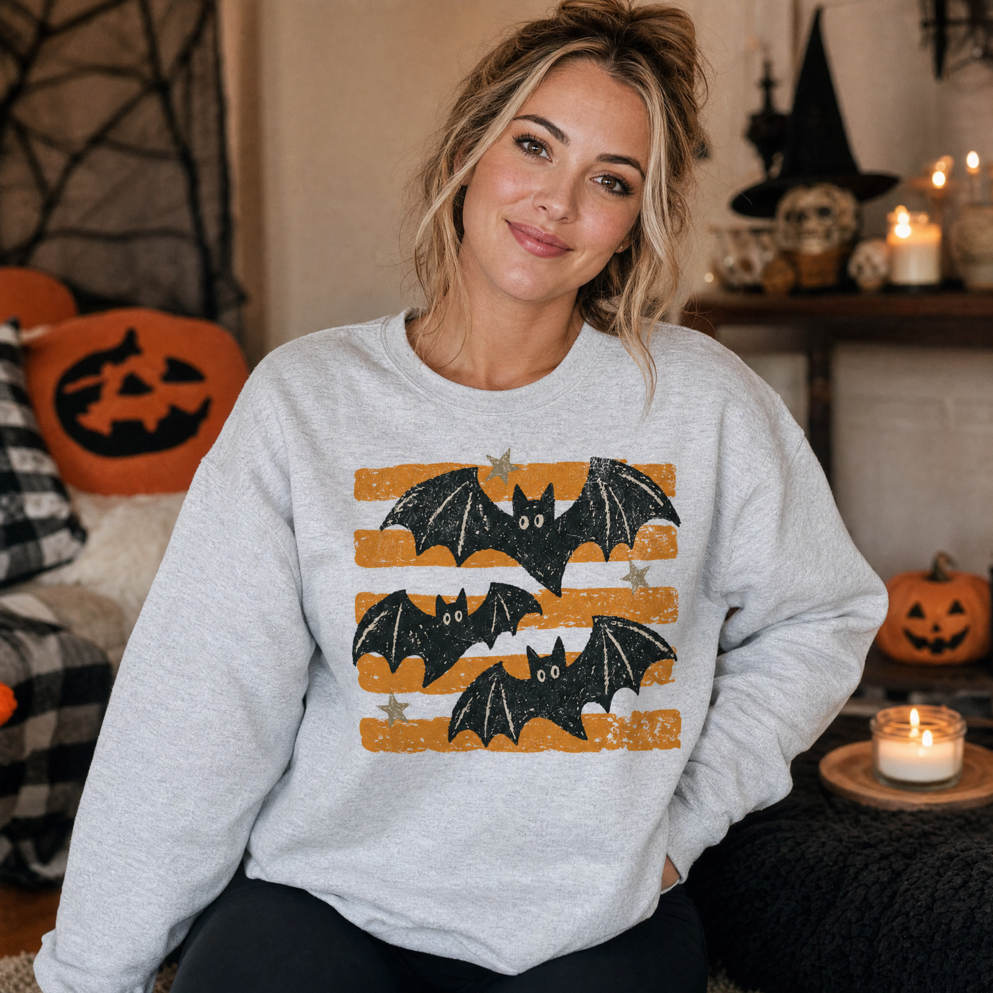 Model wearing the Distressed Bats sweatshirt in Ash