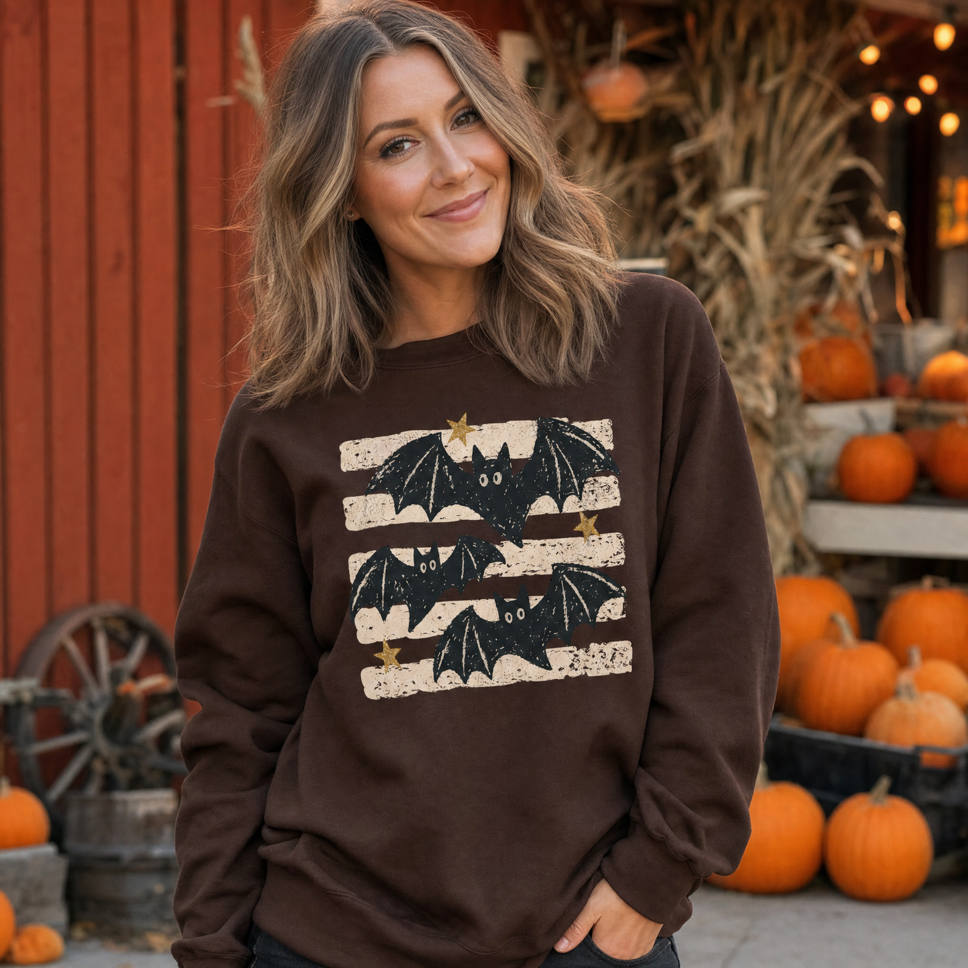 Model wearing the Distressed Bats sweatshirt in Dark Chocolate
