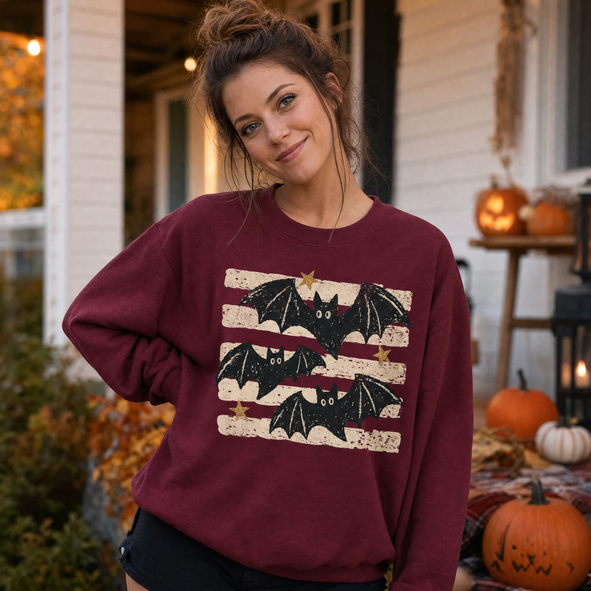 Model wearing the Distressed Bats sweatshirt in Maroon