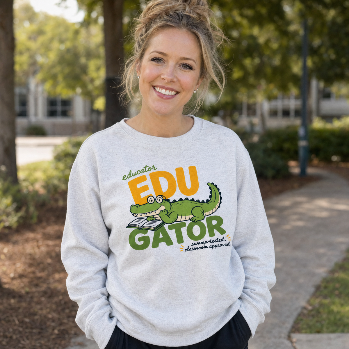 Model wearing the EduGator sweatshirt in Ash, lifestyle image 1