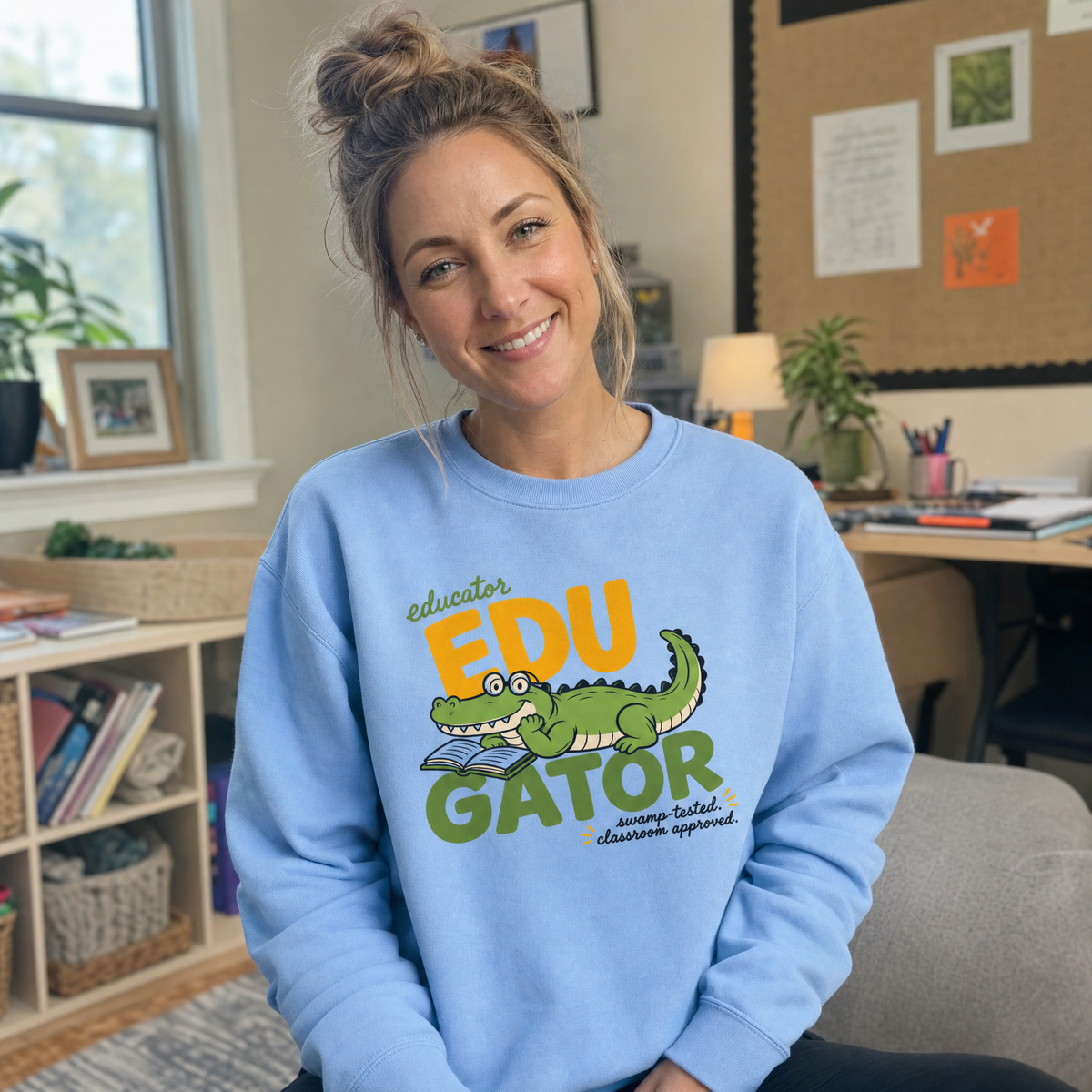 Model wearing the EduGator sweatshirt in Carolina Blue