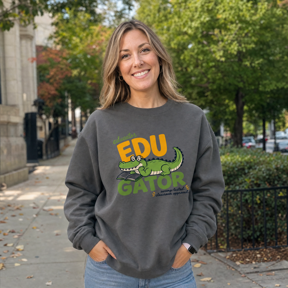 Model wearing the EduGator sweatshirt in Charcoal