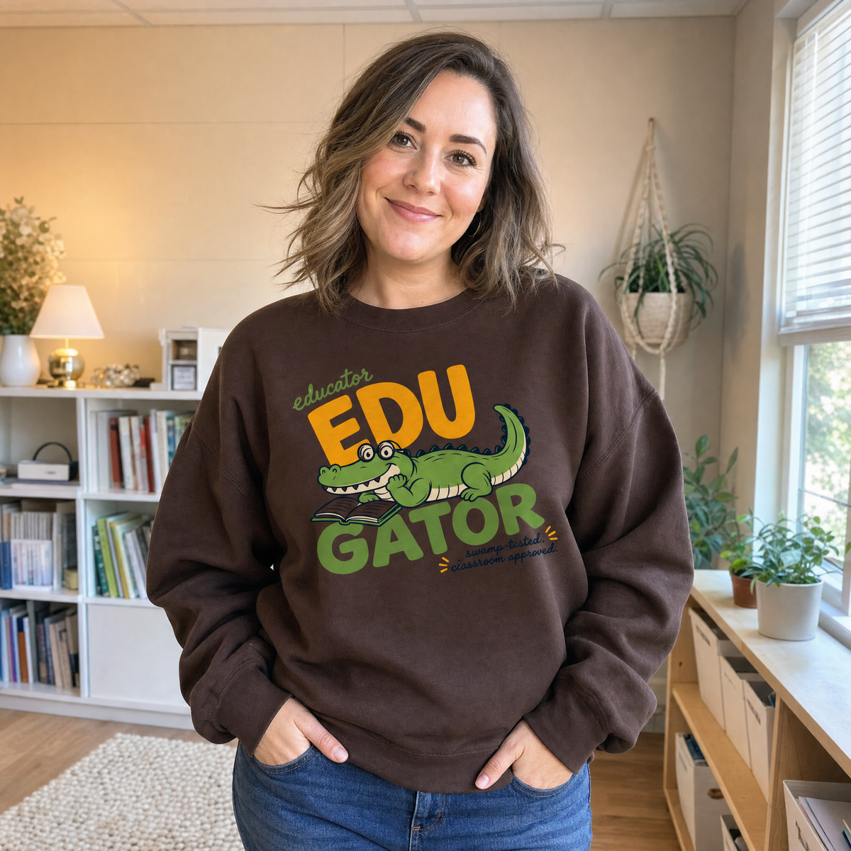 Model wearing the EduGator sweatshirt in Dark Chocolate