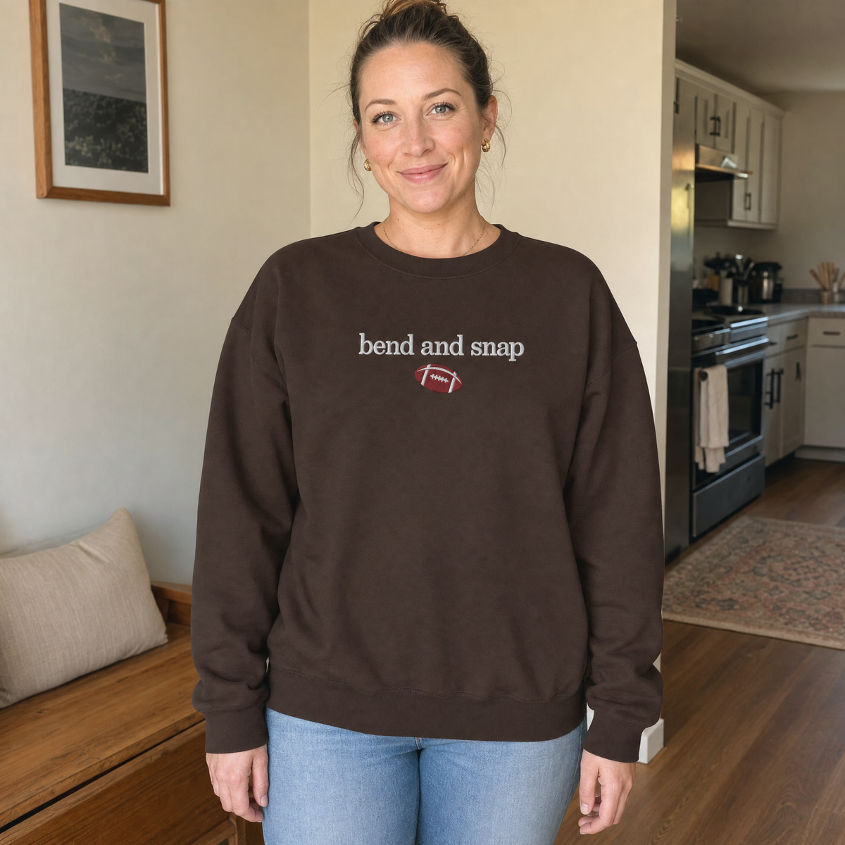 Model wearing the Bend and Snap sweatshirt in Dark Chocolate, lifestyle image 1