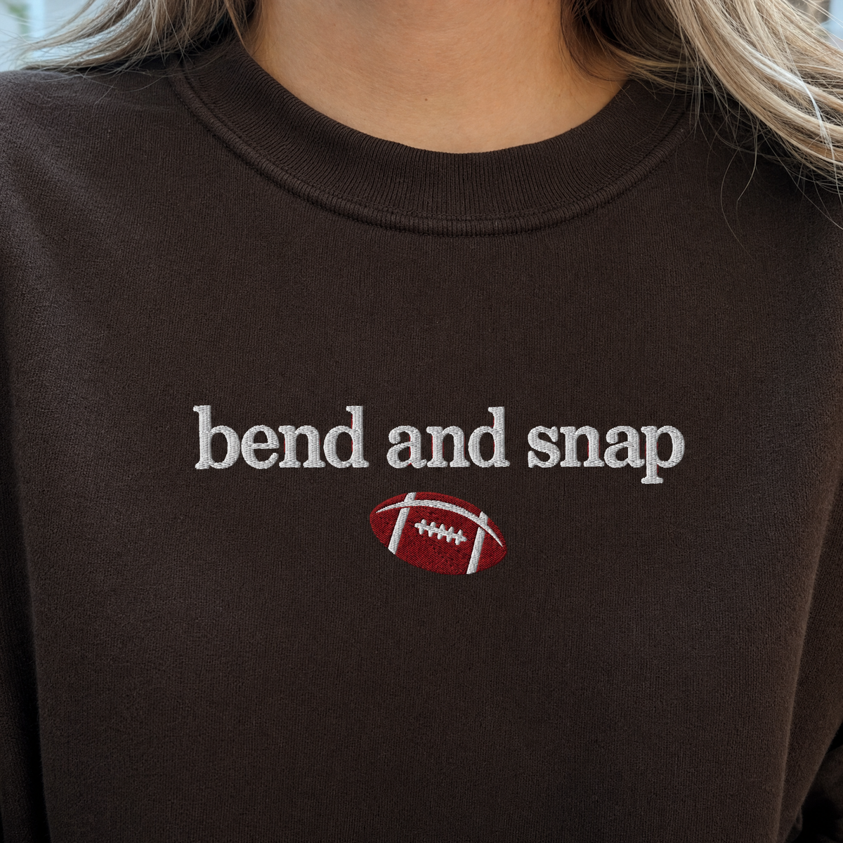 Model wearing the Bend and Snap sweatshirt in Dark Chocolate, lifestyle image 2
