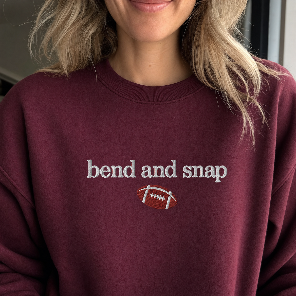 Model wearing the Bend and Snap sweatshirt in Maroon, lifestyle image 2