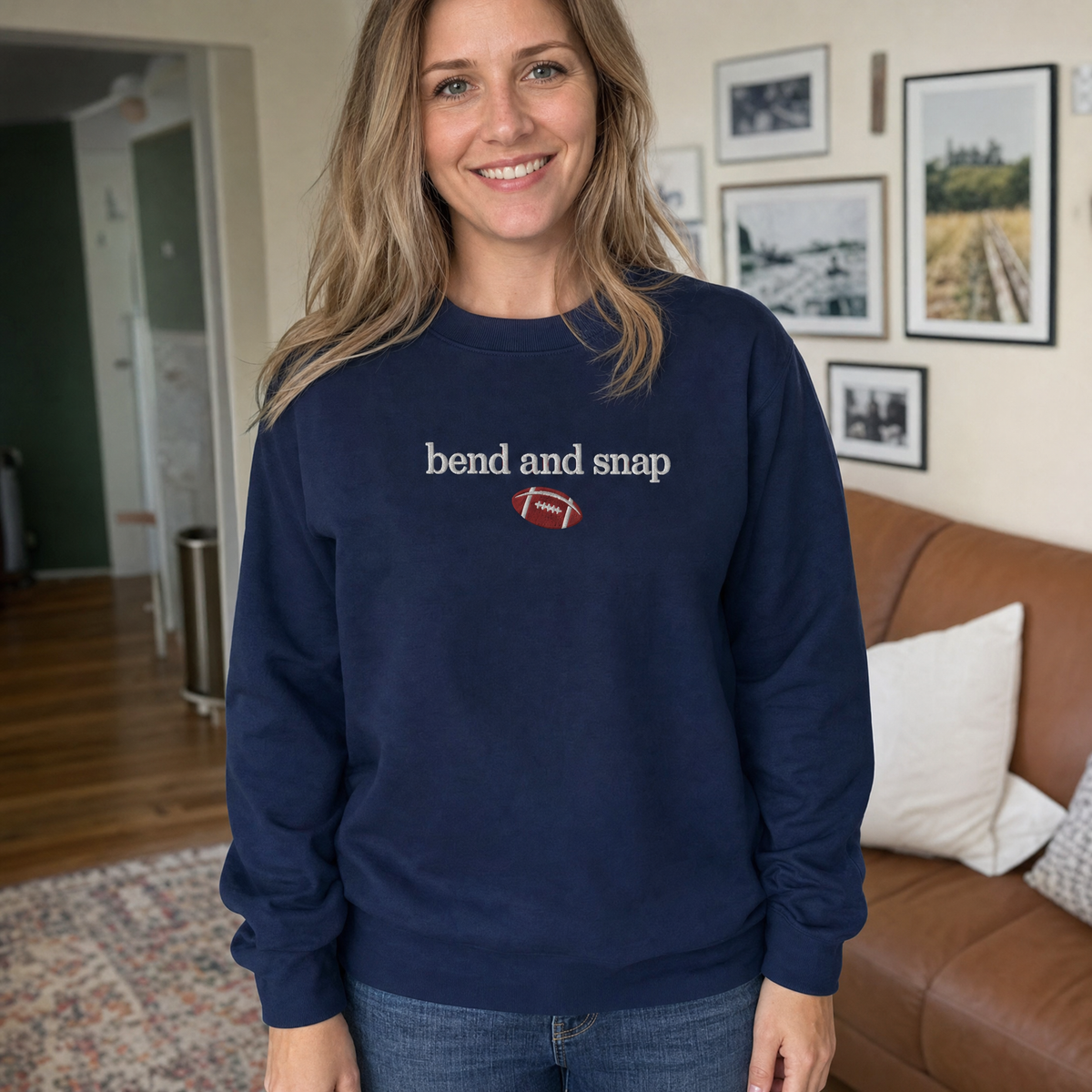 Model wearing the Bend and Snap sweatshirt in Navy, lifestyle image 1