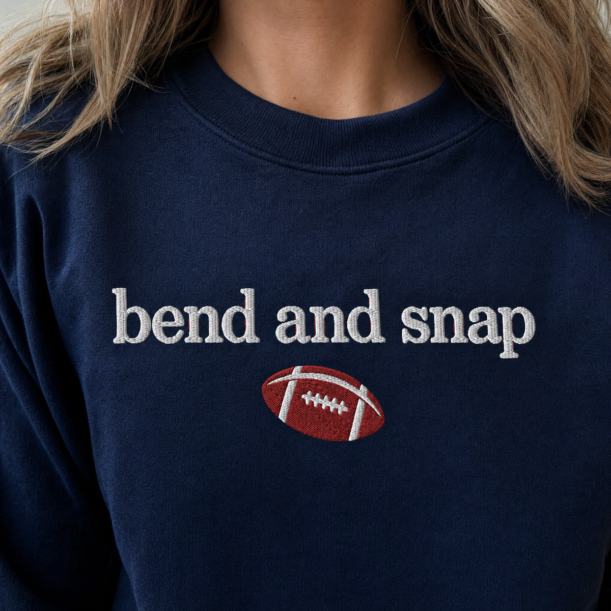 Model wearing the Bend and Snap sweatshirt in Navy, lifestyle image 2