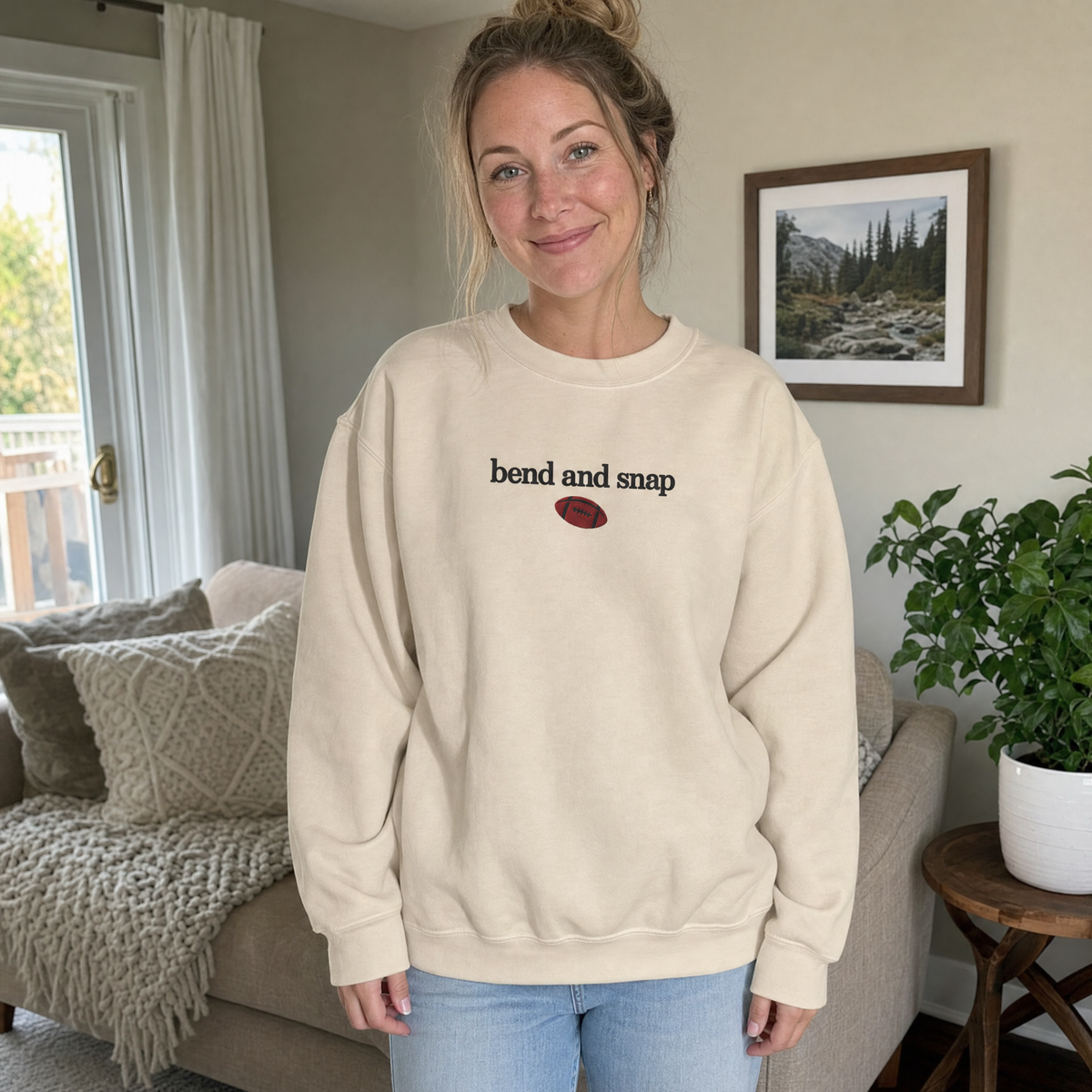 Model wearing the Bend and Snap sweatshirt in Sand, lifestyle image 1