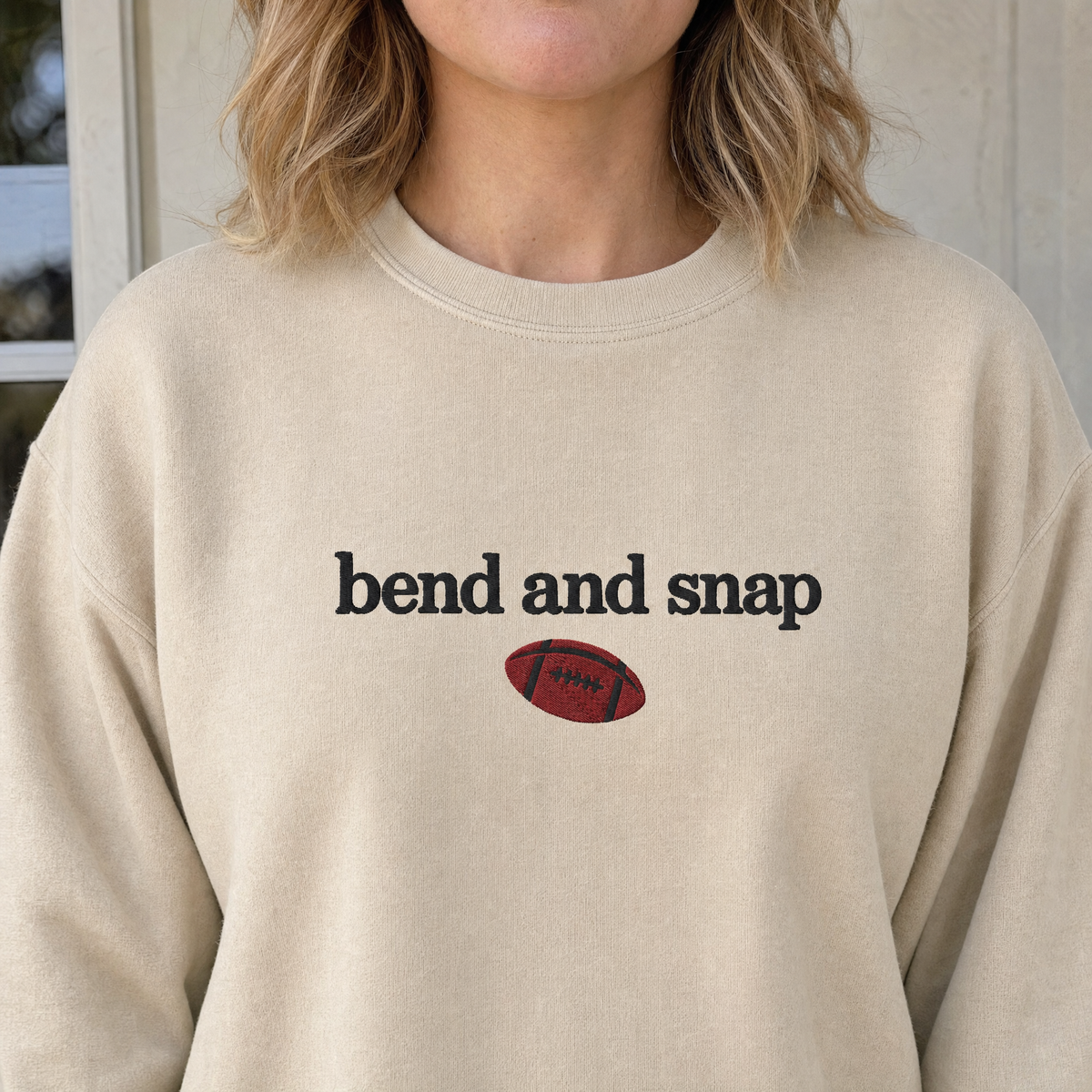 Model wearing the Bend and Snap sweatshirt in Sand, lifestyle image 2