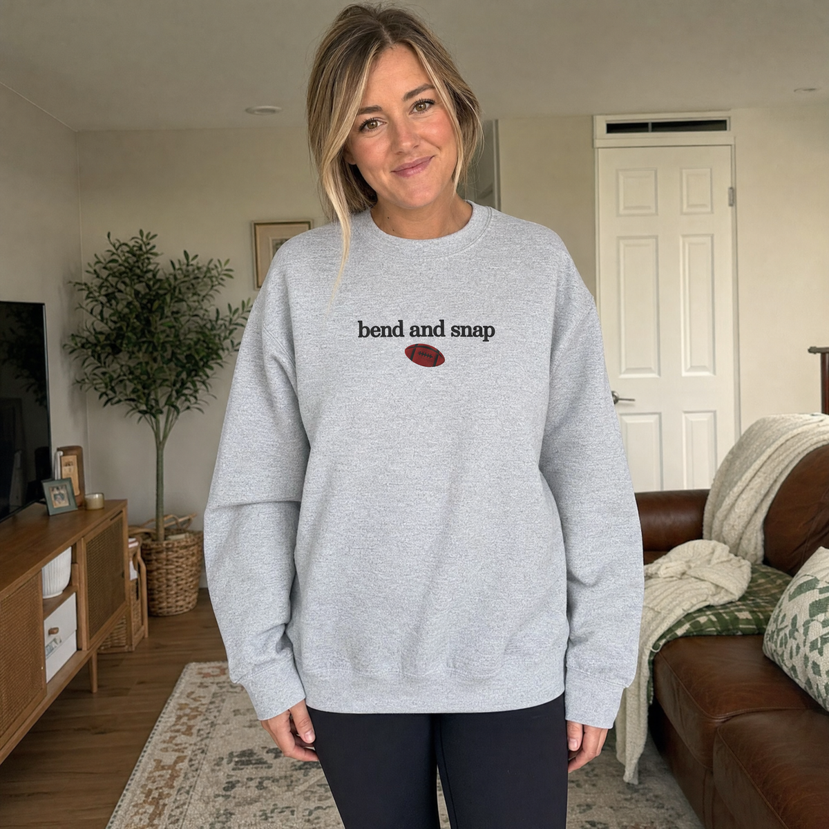Model wearing the Bend and Snap sweatshirt in Sport Grey, lifestyle image 1