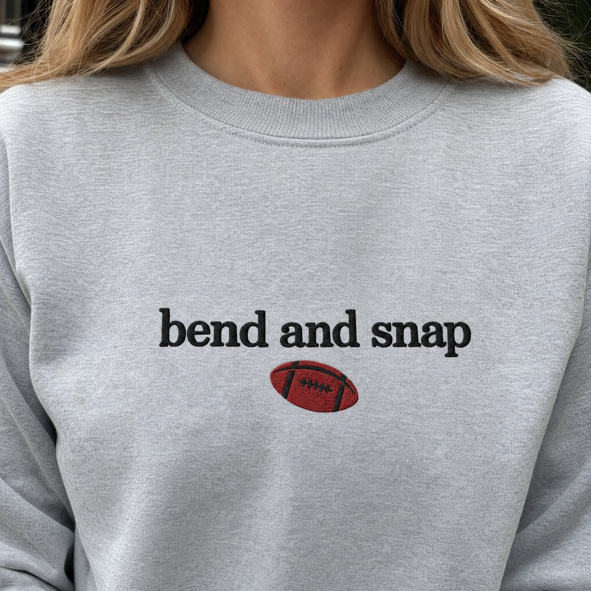 Model wearing the Bend and Snap sweatshirt in Sport Grey, lifestyle image 2