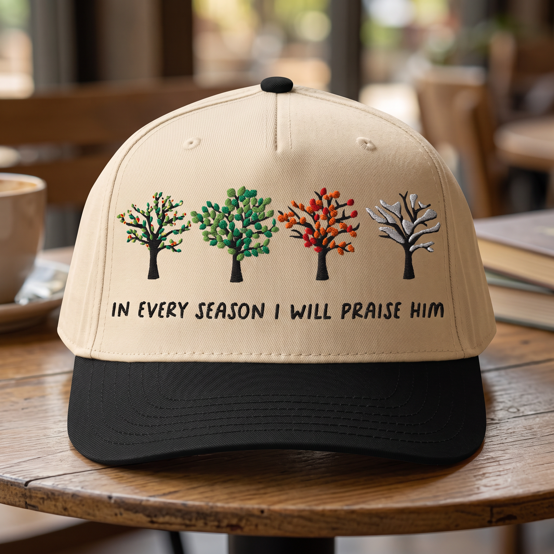 Bible Verse Quote embroidered hat in Black/natural resting on a flat surface