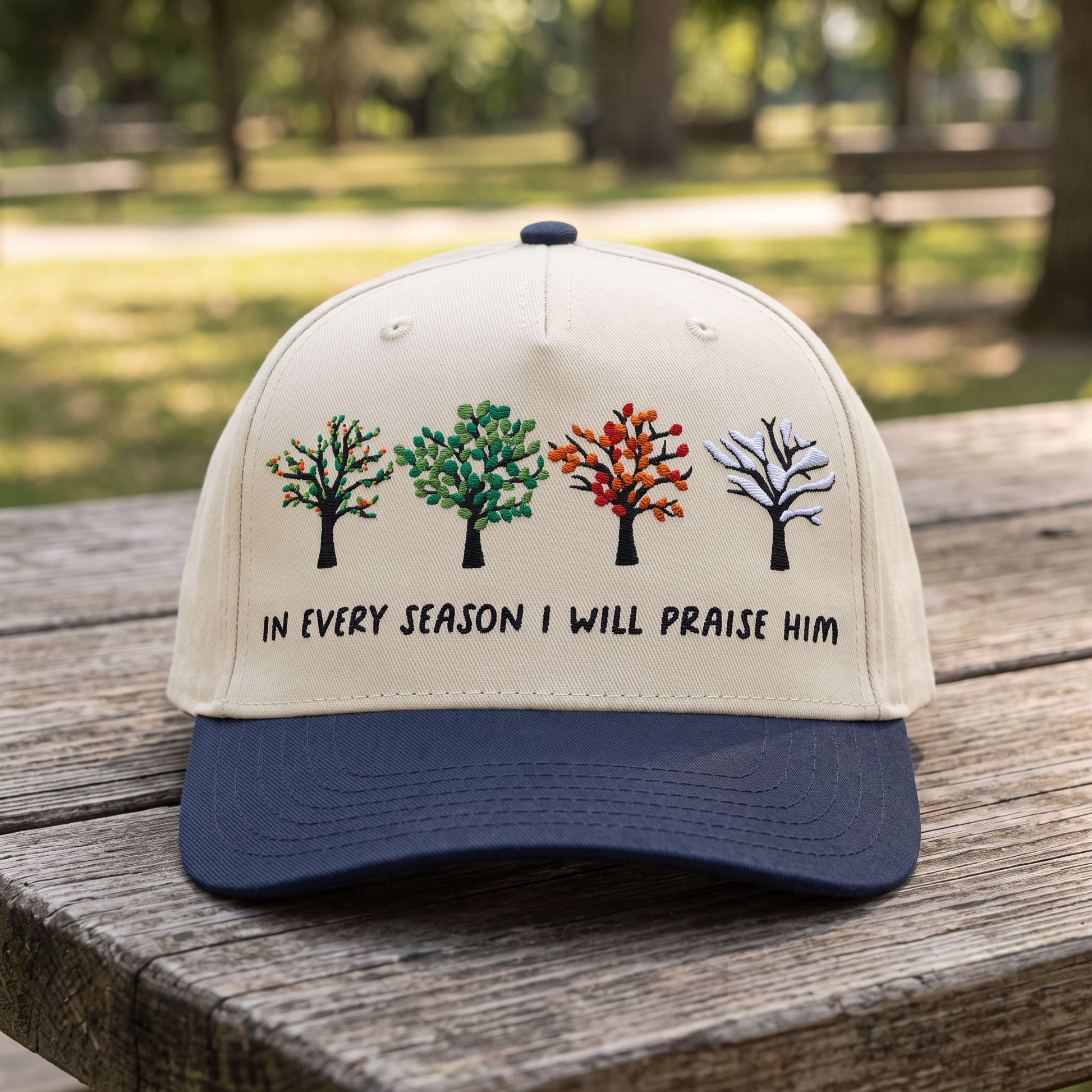 Bible Verse Quote embroidered hat in Navy/natural resting on a flat surface